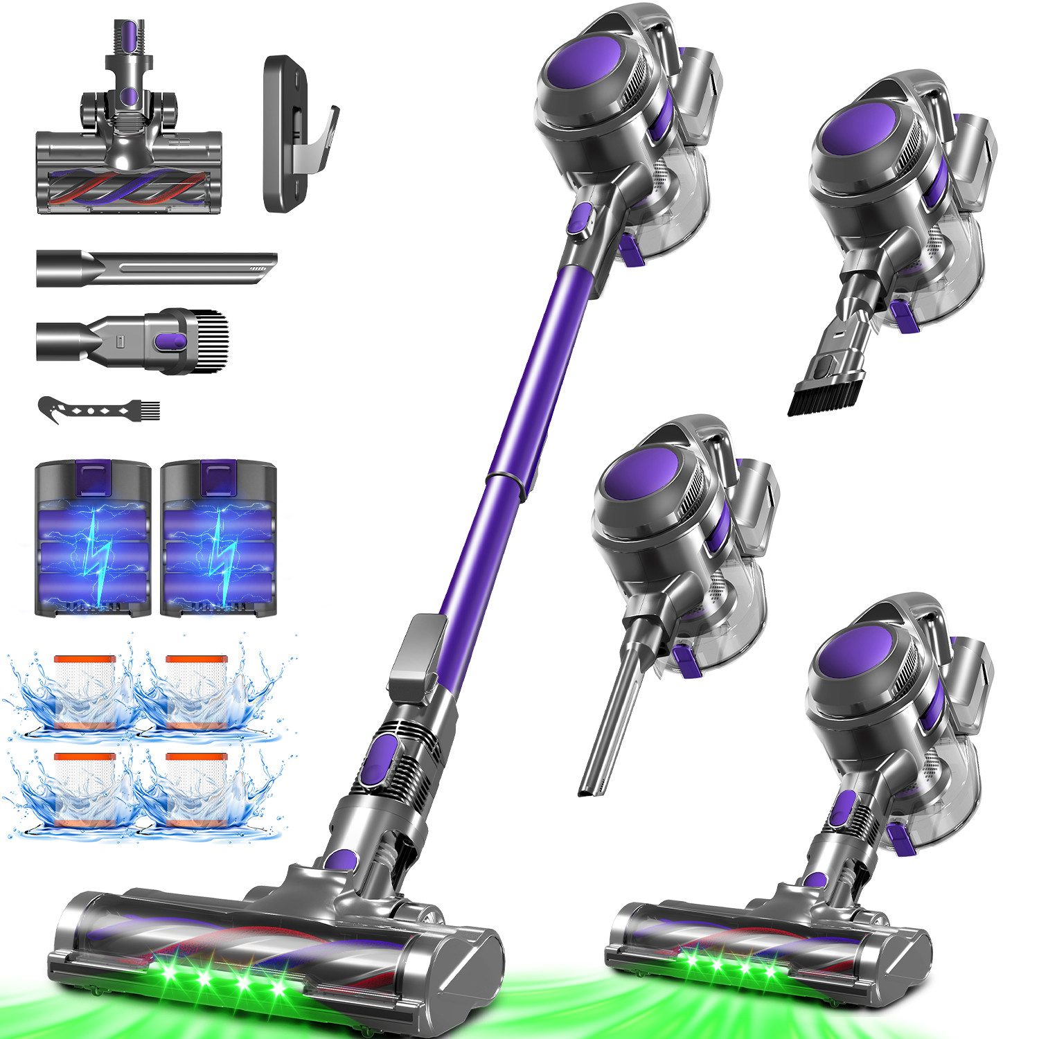 Adormii Akku-Hand-und Stielstaubsauger Akku Staubsauger,50000Pa,Staubsauger Kabellos,60Min/1.6L, HEPA*4, Zwei Stufen Einstellung, 5-stufiges Filtersystem, Anti-Tangle-Bürste, kabelloser staubsauger mit Teleskopstange, <59 dB, für Tierhaare/Teppiche/Hartböden