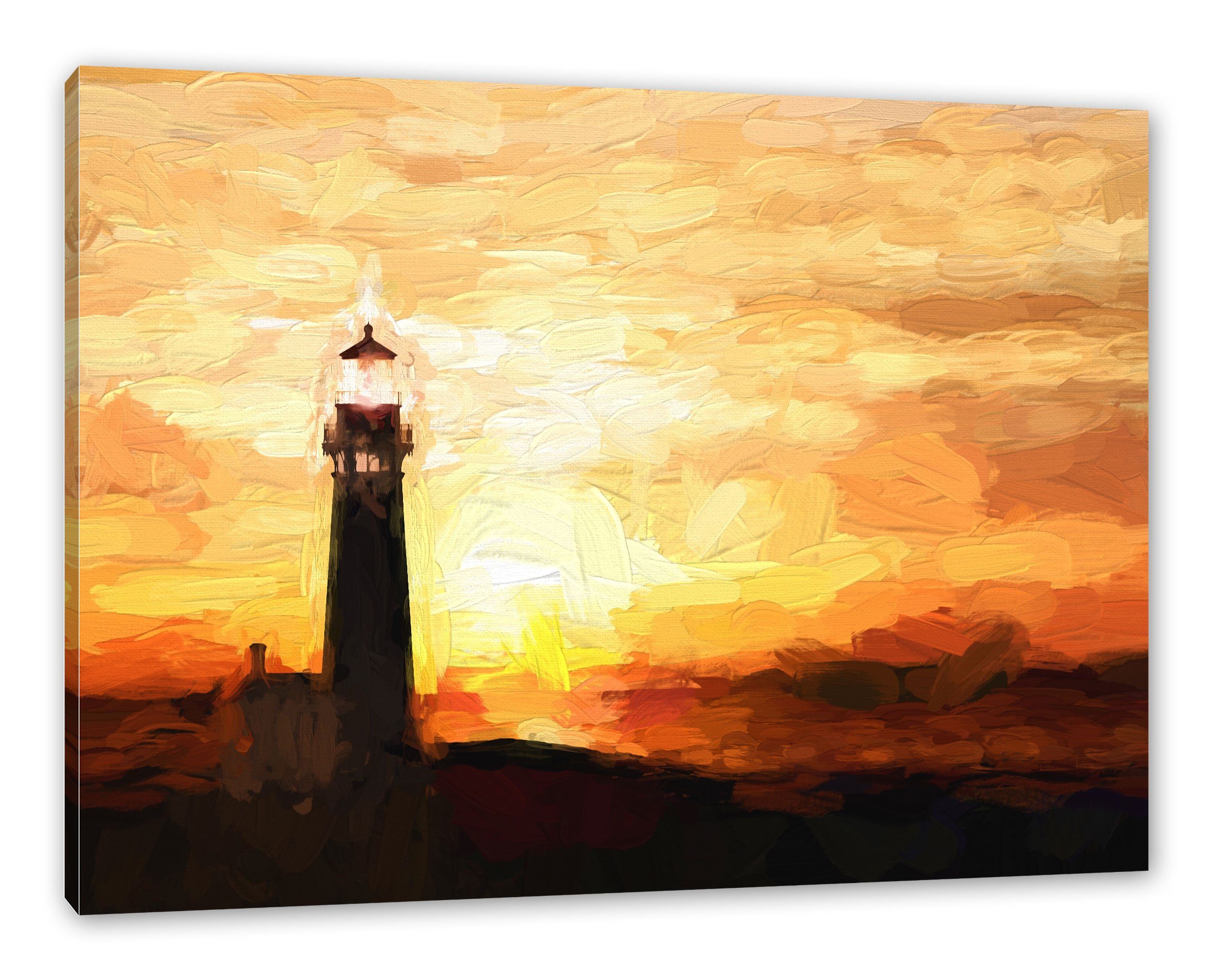Leuchtturm Leinwandbild Zackenaufhänger St), Leuchtturm (1 Sonnenuntergang, Pixxprint im Leinwandbild fertig inkl. Sonnenuntergang im bespannt,