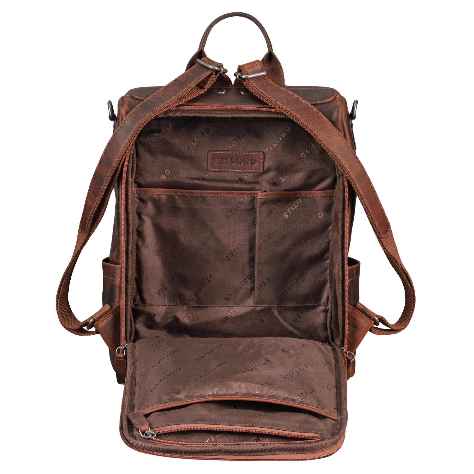 STILORD Notebookrucksack "Tarik" Diebstahlsicherer 2-in-1 Rucksack und Umhängetasche Leder