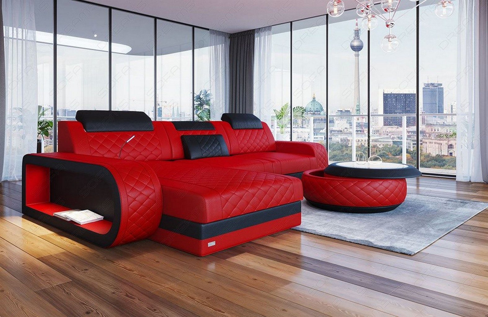 Sofa Dreams Ecksofa Berlin L Form Leder, Ecksofa, Ottomane, LED-Beleuchtung, Breite: 308cm, Zierkissen, 4-Sitzer, USB