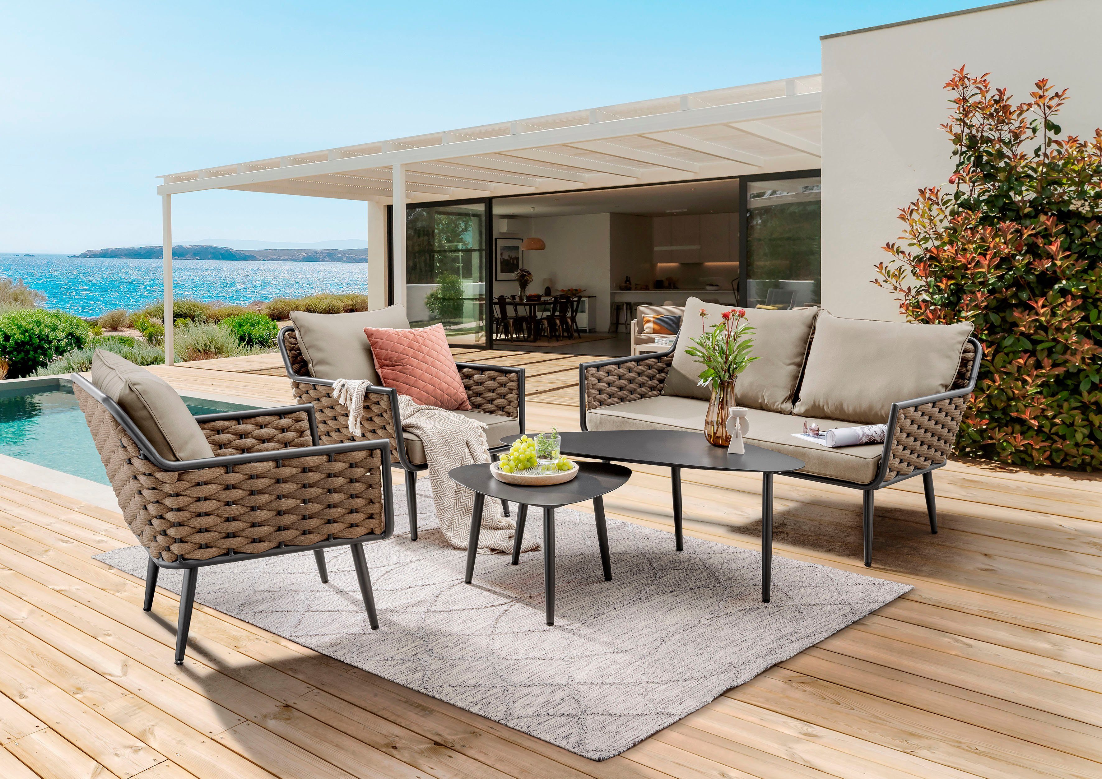 Destiny Gartenlounge-Set RAVENNA, (Set, 12-tlg., 1x 2er Sofa, 2x Sessel, 2x Tisch, inkl. Auflagen), Aluminium, Rope, Tische 109x60x45 cm und 60x60x40 cm