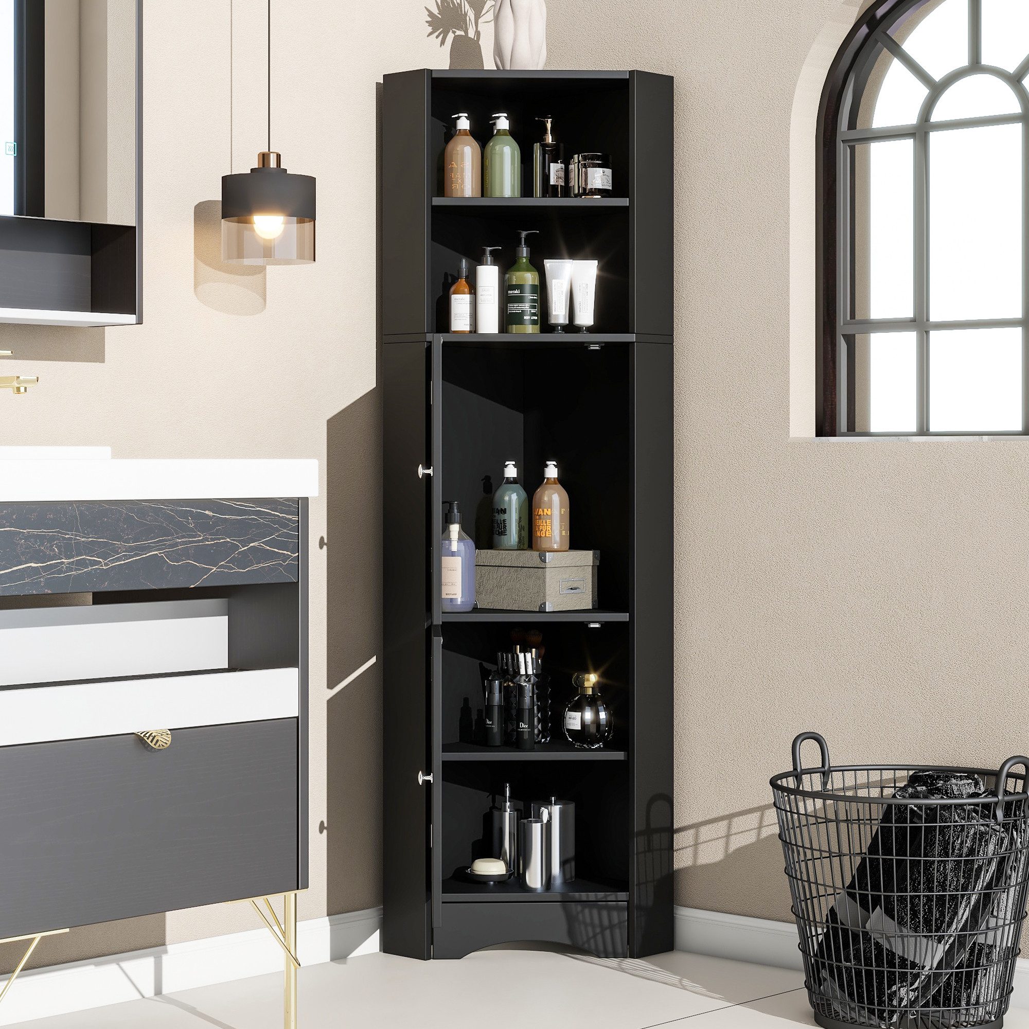 Flieks Badkommode Eckschrank mit 2 Türen und verstellbarem Einlegeboden (36.5x36.5x155 cm, 1 St., für Wohnzimmer, Arbeitszimmer, Schlafzimmer), Hochschrank mit 5 Fächern Mehrzweckschrank Badmöbel, Höhe 155 cm