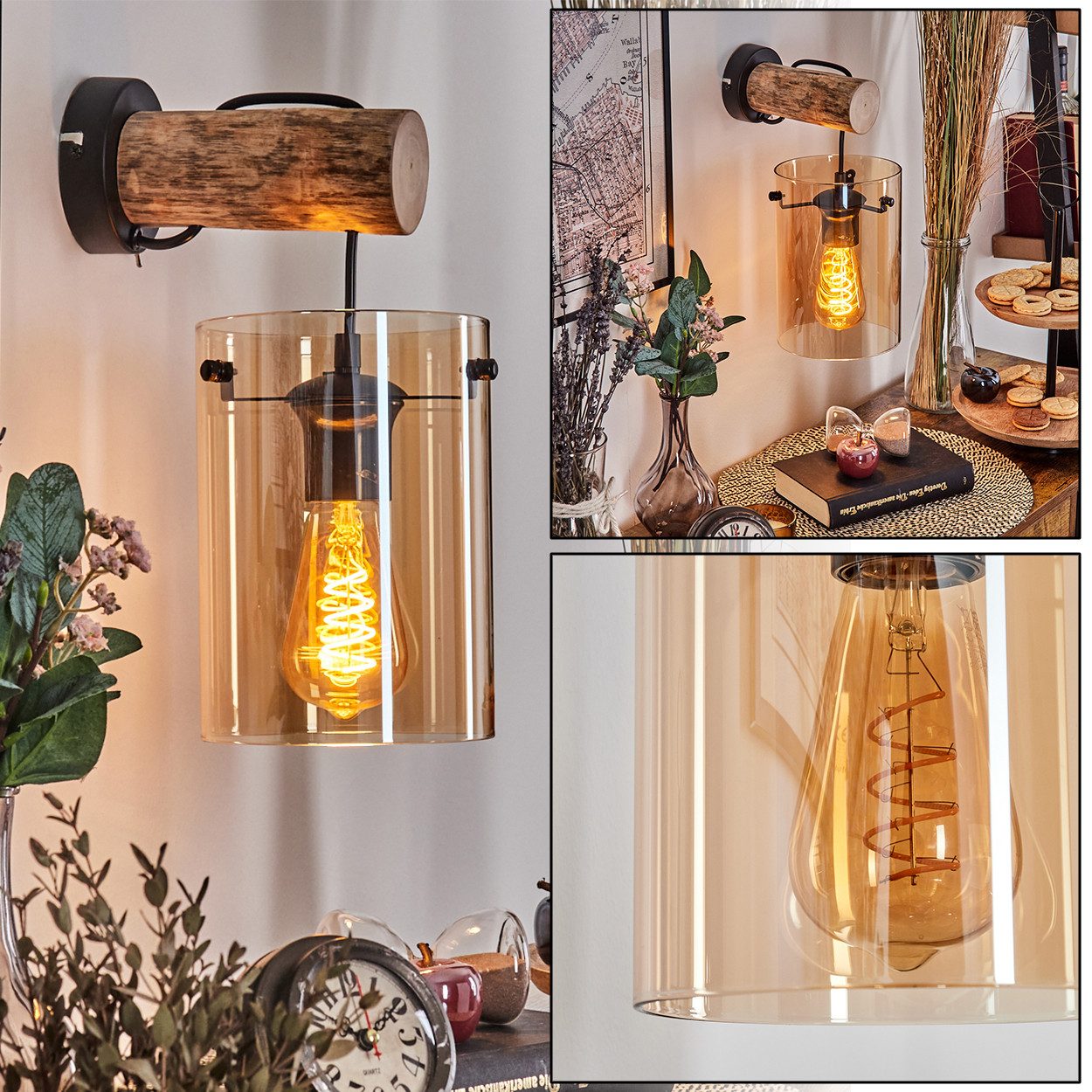 hofstein Wandleuchte Wandlampe aus Metall/Holz/Glas in Schwarz/Natur/Bernstein, ohne Leuchtmittel, mit Glasschirm (15 cm), An/-Auschalter, 1 x E27, ohne Leuchtmittel