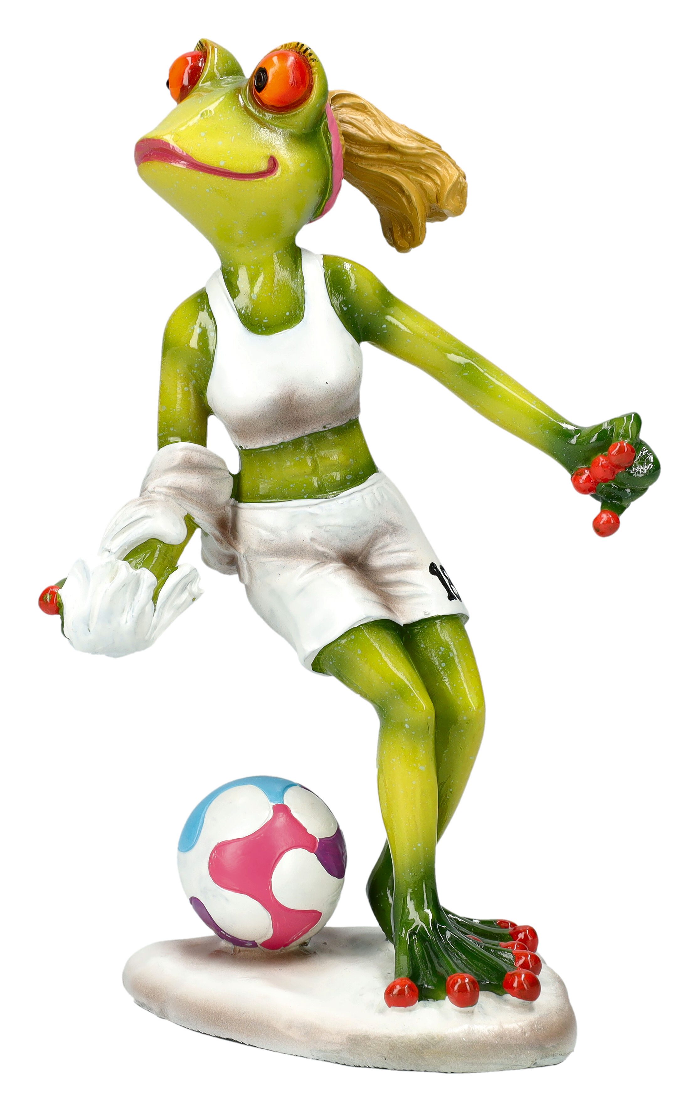 Figuren Shop GmbH Dekofigur Lustige Frosch Figur - Fußballerin - Tierfigur Sportfigur Dekoration