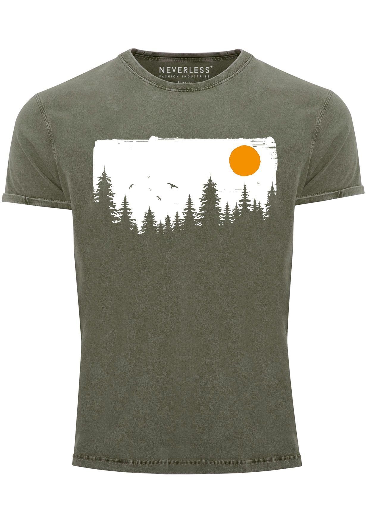 Neverless Print-Shirt Herren Vintage Shirt Wald Bäume Outdoor Adventure Abenteuer Natur-Lieb mit Print oliv
