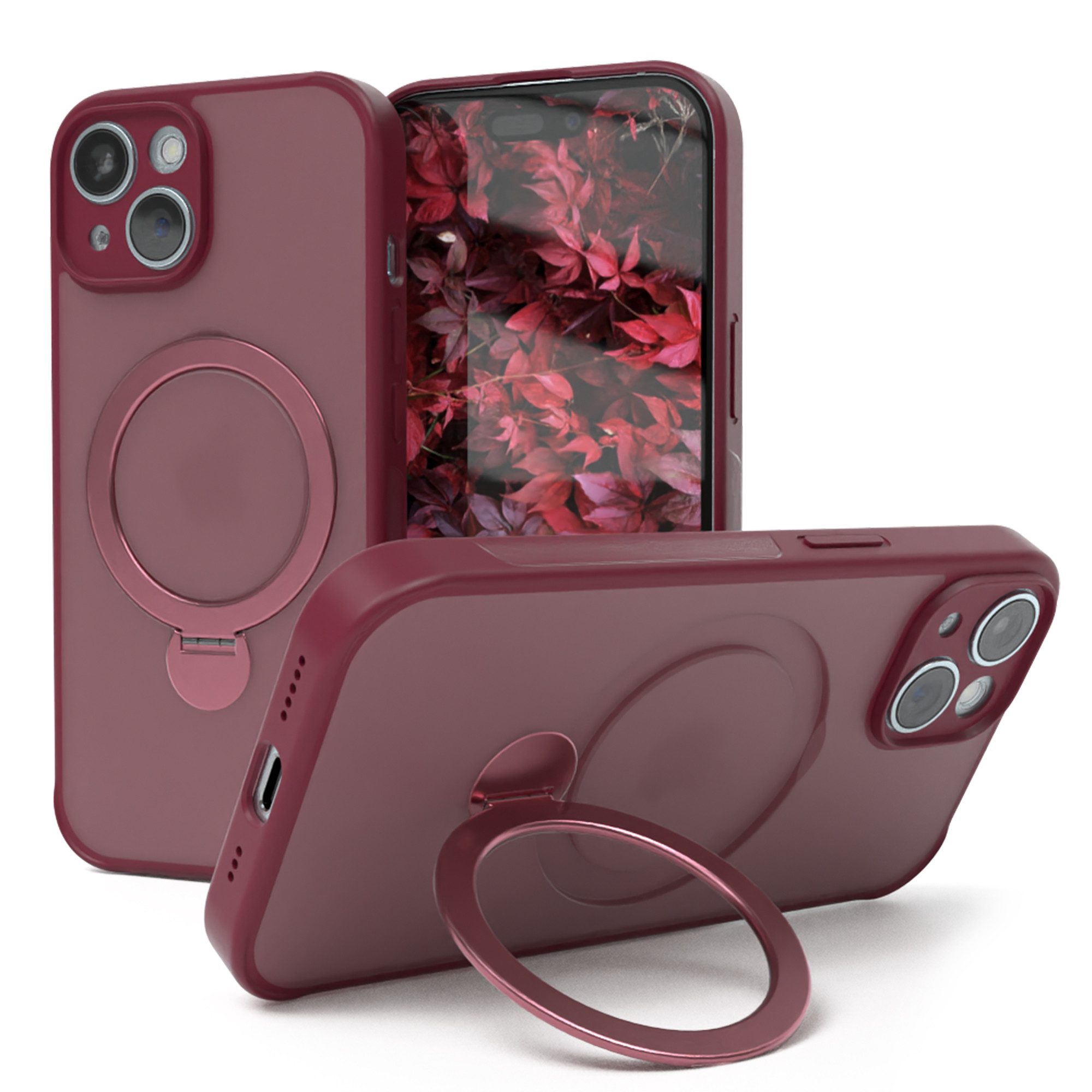 EAZY CASE Handyhülle Outdoor iPhone 15 Case MagSafe Rotation Ring 6,1 Zoll, Backcover Tasche Case Schutzhülle Kameraschutz Bumper Dunkelrot