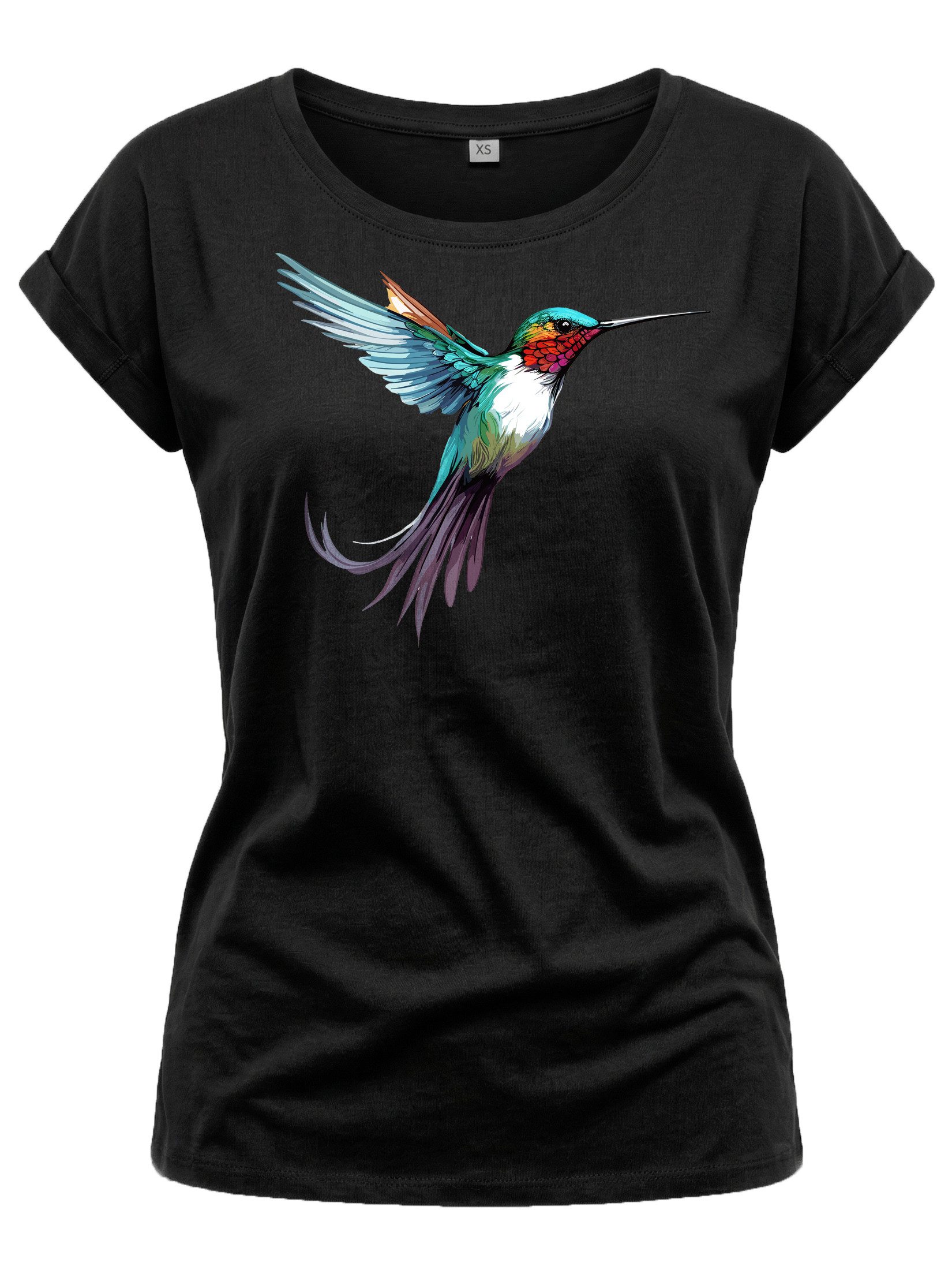 Print-Shirt Damen Kolibri Motiv Sommer Top Druck Vogel Kurzarmshirt Tunika