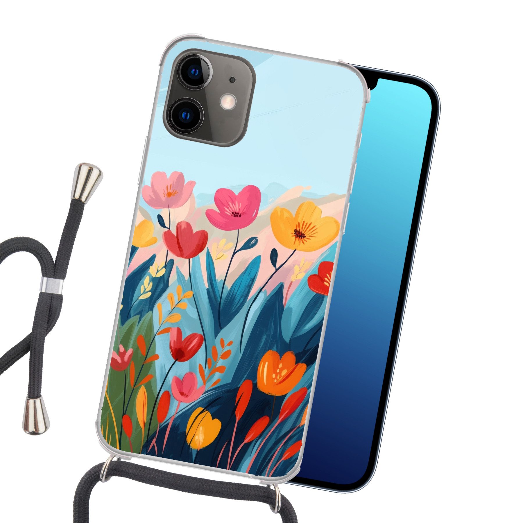 MuchoWow Handyhülle für Apple iPhone 11 Illustration - Blumen - Farbenfroh, Tragbare Handyhüllen mit Kette zum umhängen, Handykette Handyband