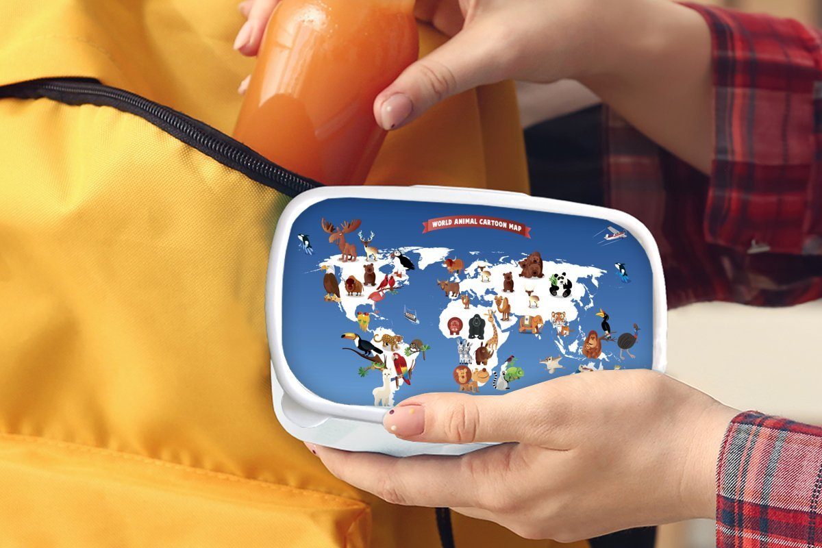 MuchoWow Lunchbox Weltkarte Kinder Erde, Mädchen für und Brotbox Tiere Erwachsene, - weiß Kunststoff, Jungs und (2-tlg), für Kinder Brotdose, 