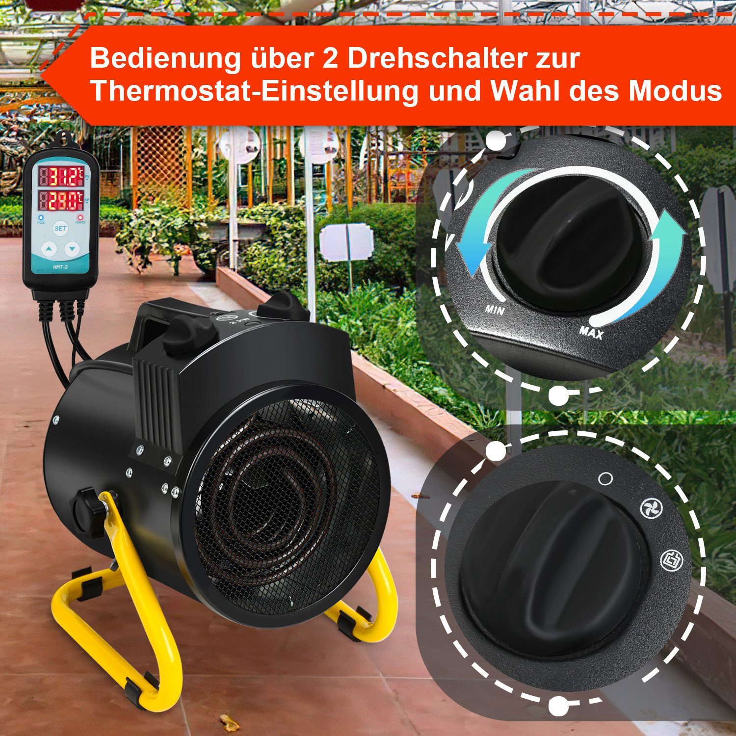 Clanmacy Keramikheizlüfter Gewächshausheizung 2KW IPX4 mit Thermostat Digital Elektro Heizlüfter