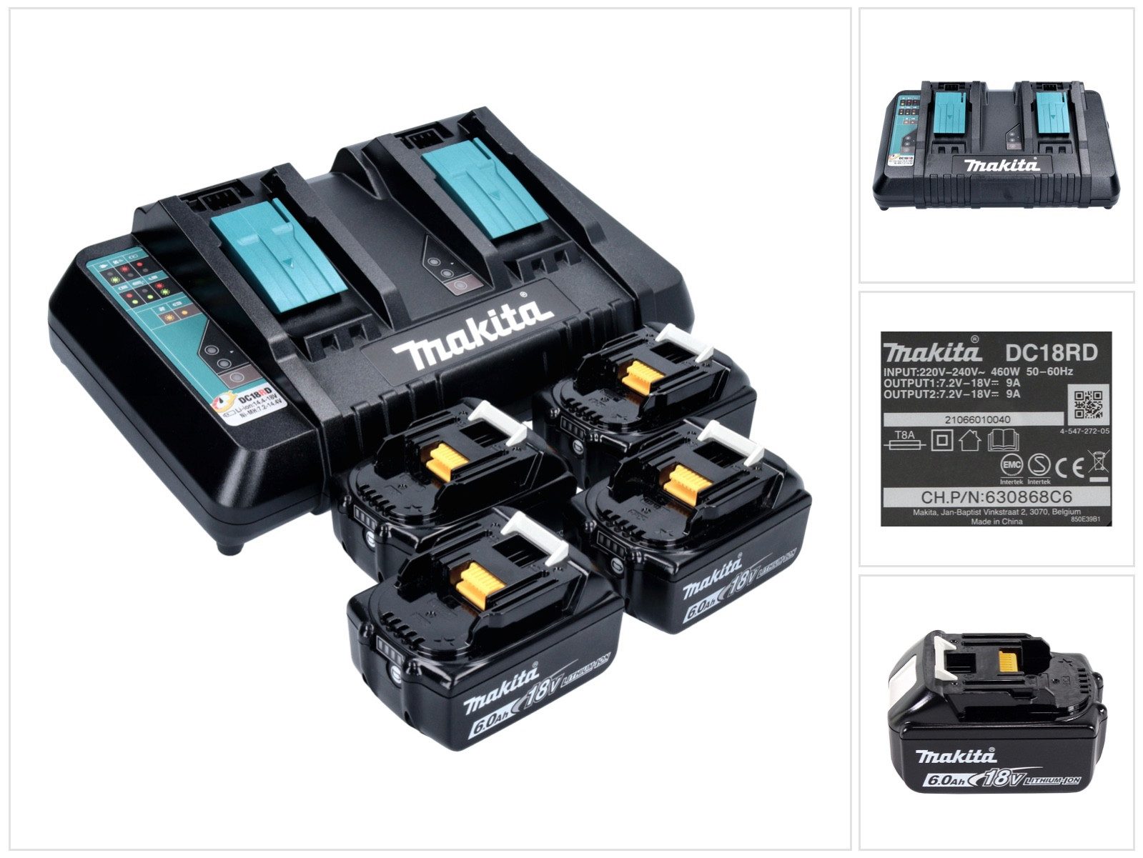 Makita Power Source Kit 18 V mit 4x BL 1860 B Akku 6,0 Ah + DC 18 RD Doppell Akkupacks