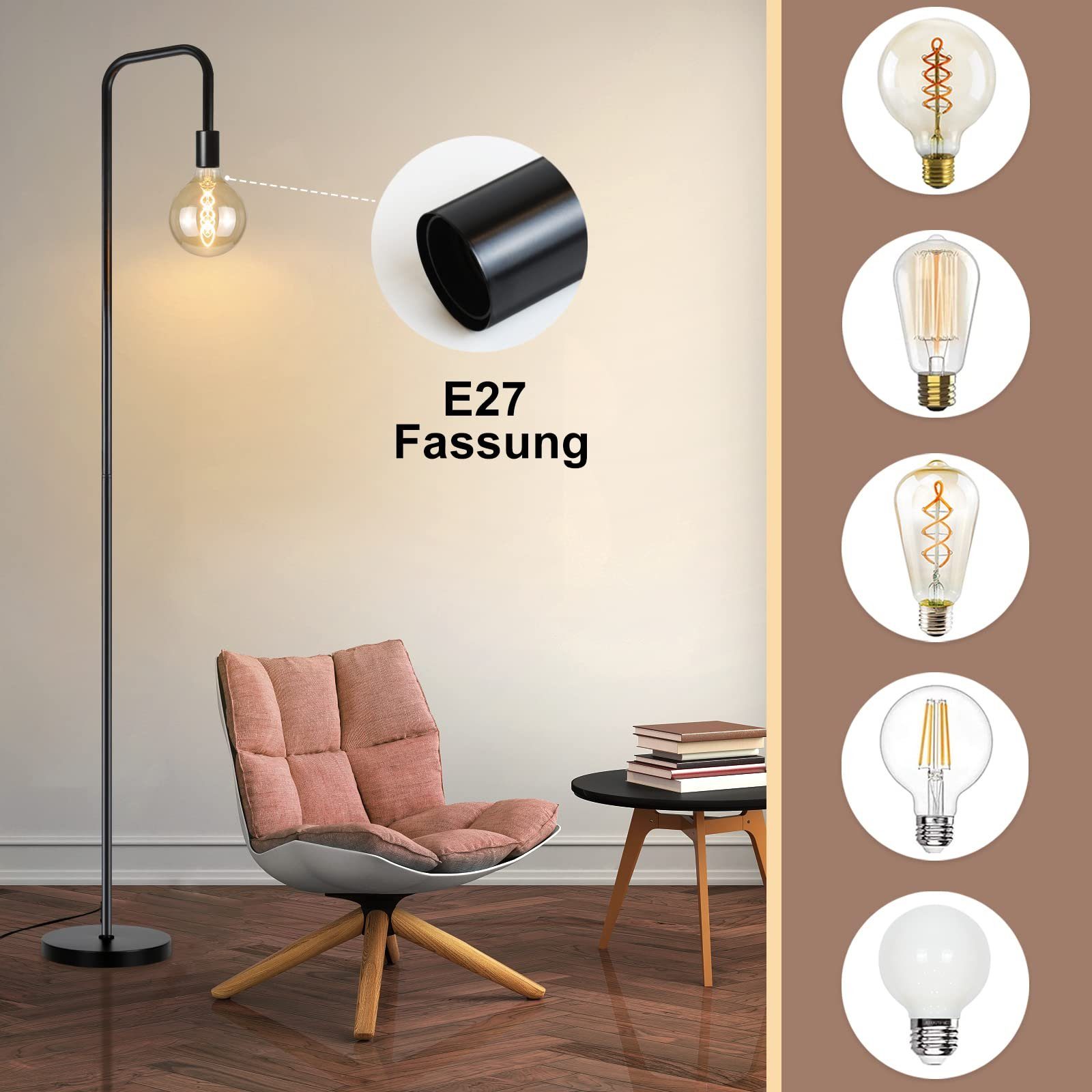 ZMH Stehlampe Vintage Schwarz mit Fußschalter Industrial Design aus Metall, ohne Leuchtmittel