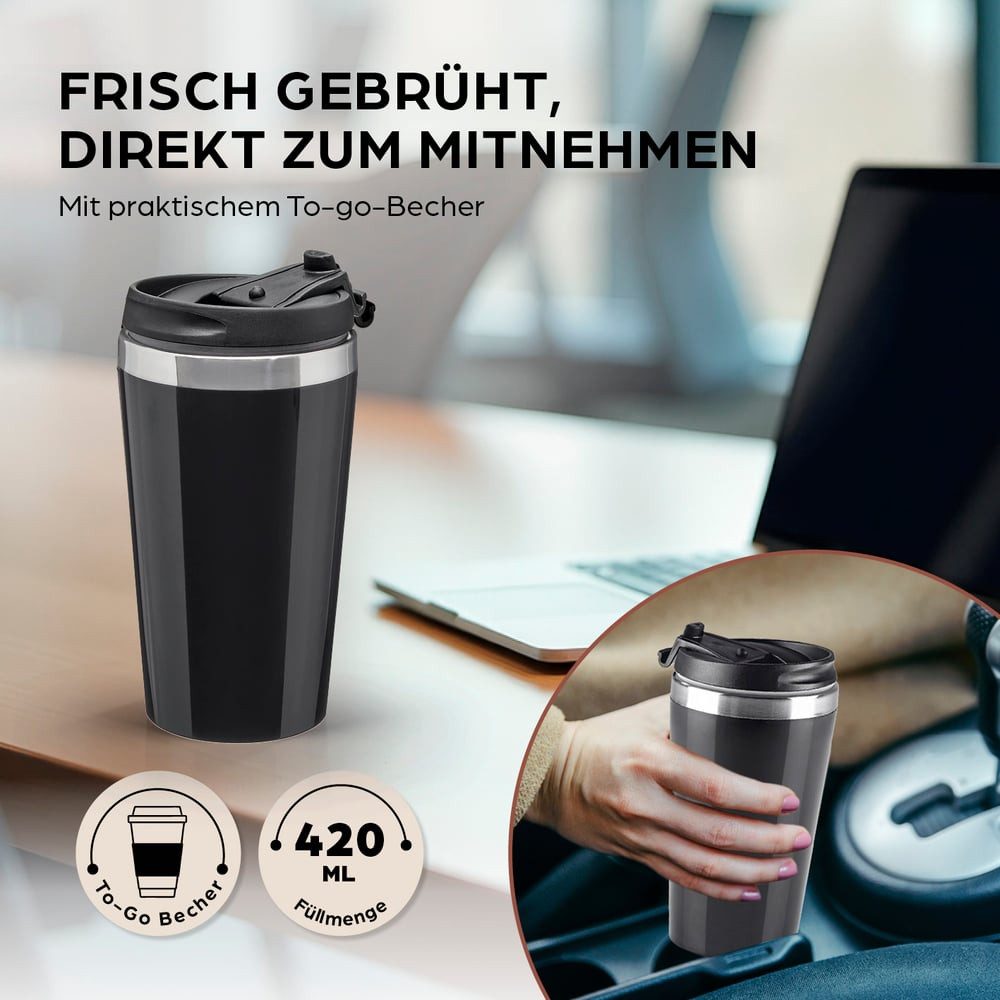 Barista Filterkaffeemaschine Barista Single-Kaffeemaschine 450W schwarz mit To-Go Becher, 0.4l Kaffeekanne, Coffee to go Maschine - tragbare Kaffeemaschine, Reise-Kaffeemaschine