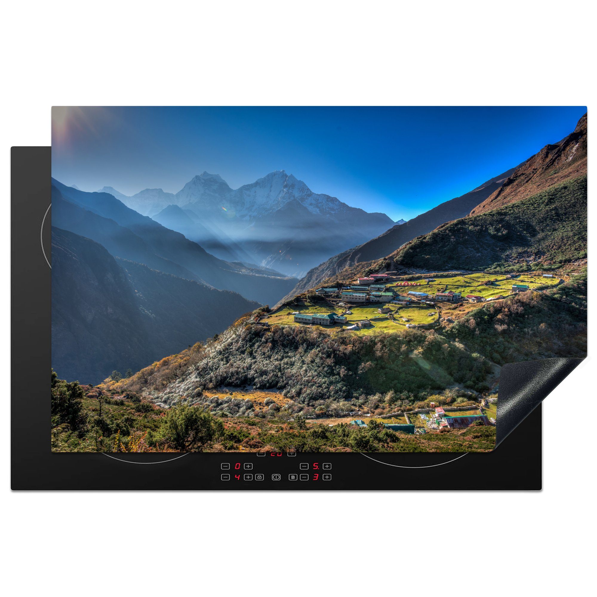 MuchoWow Herdblende-/Abdeckplatte Bergdörfer im Himalaya, Nepal, Vinyl, (1 tlg), 81x52 cm, Induktionskochfeld Schutz für die küche, Ceranfeldabdeckung