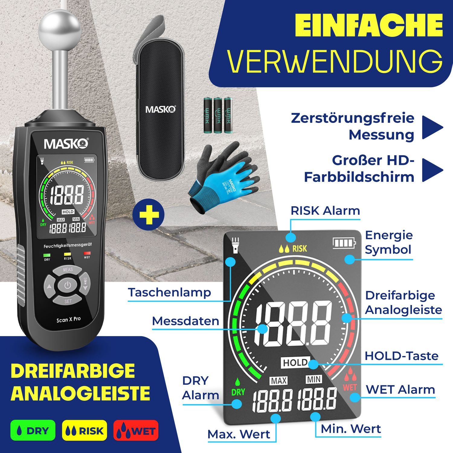 MASKO Feuchtigkeitsmesser, (Alarm, Taschenlampe & Datenhaltefunktion), zers günstig online kaufen