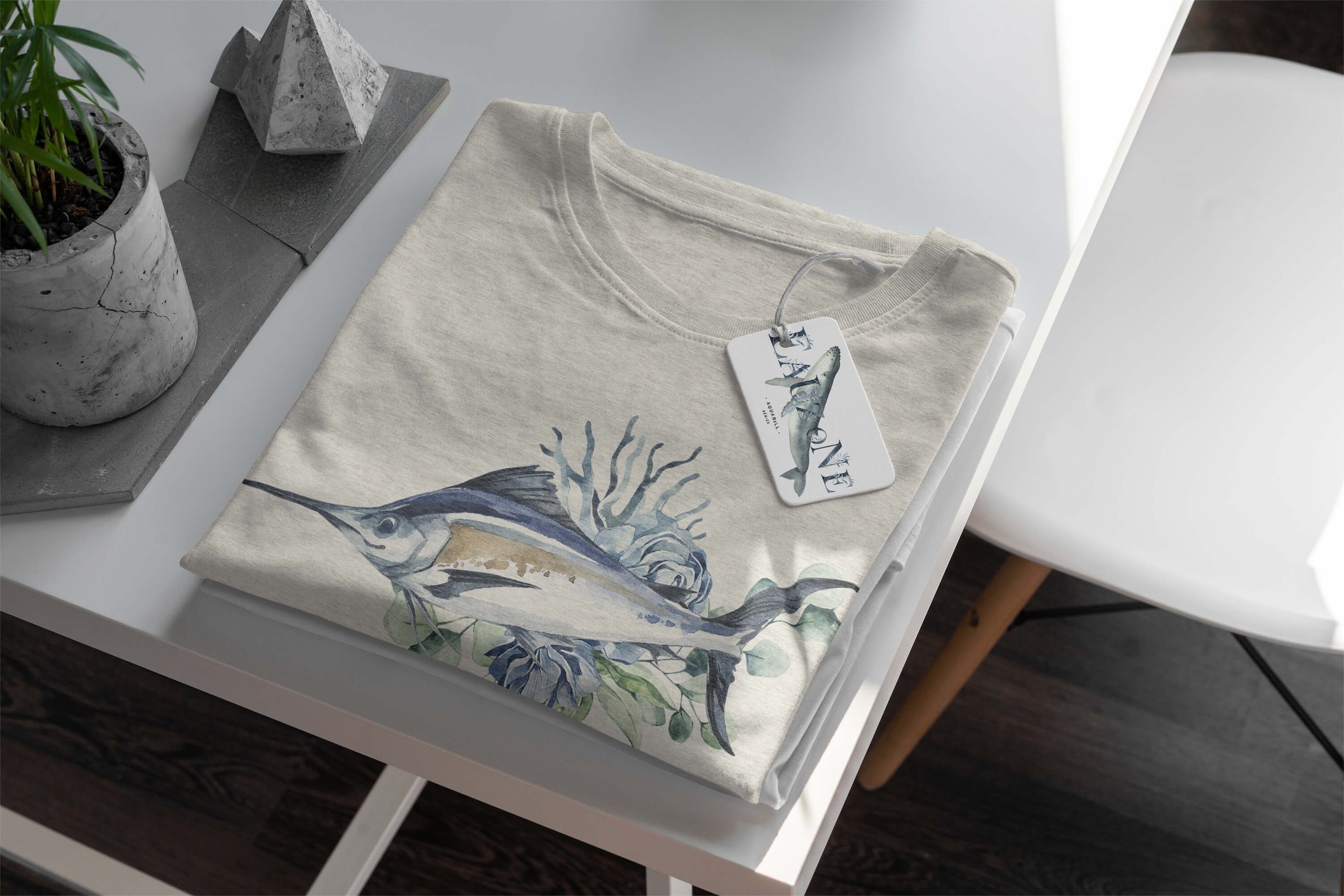 Bio-Baumwolle Wasserfarben Art Sinus Schwertfisch Nachhaltig Shirt T-Shirt 100% gekämmte Ökomode T-Shirt Motiv Herren (1-tlg)