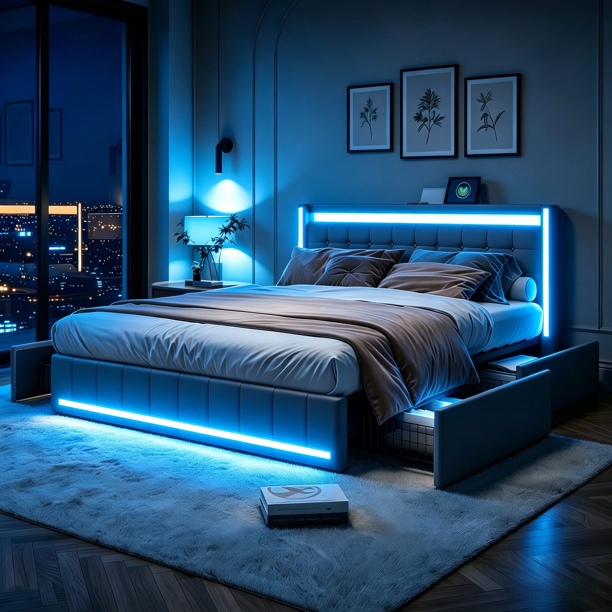 Furnishings Home Polsterbett 140x200 cm Stauraumbett LED Doppelbett (1 tlg, Geeignet für Jungen und Mädchen, Mit große Stauraum), mit Lattenrost und Ladefunktion, mit Komforthöhe, Leises Design Bett