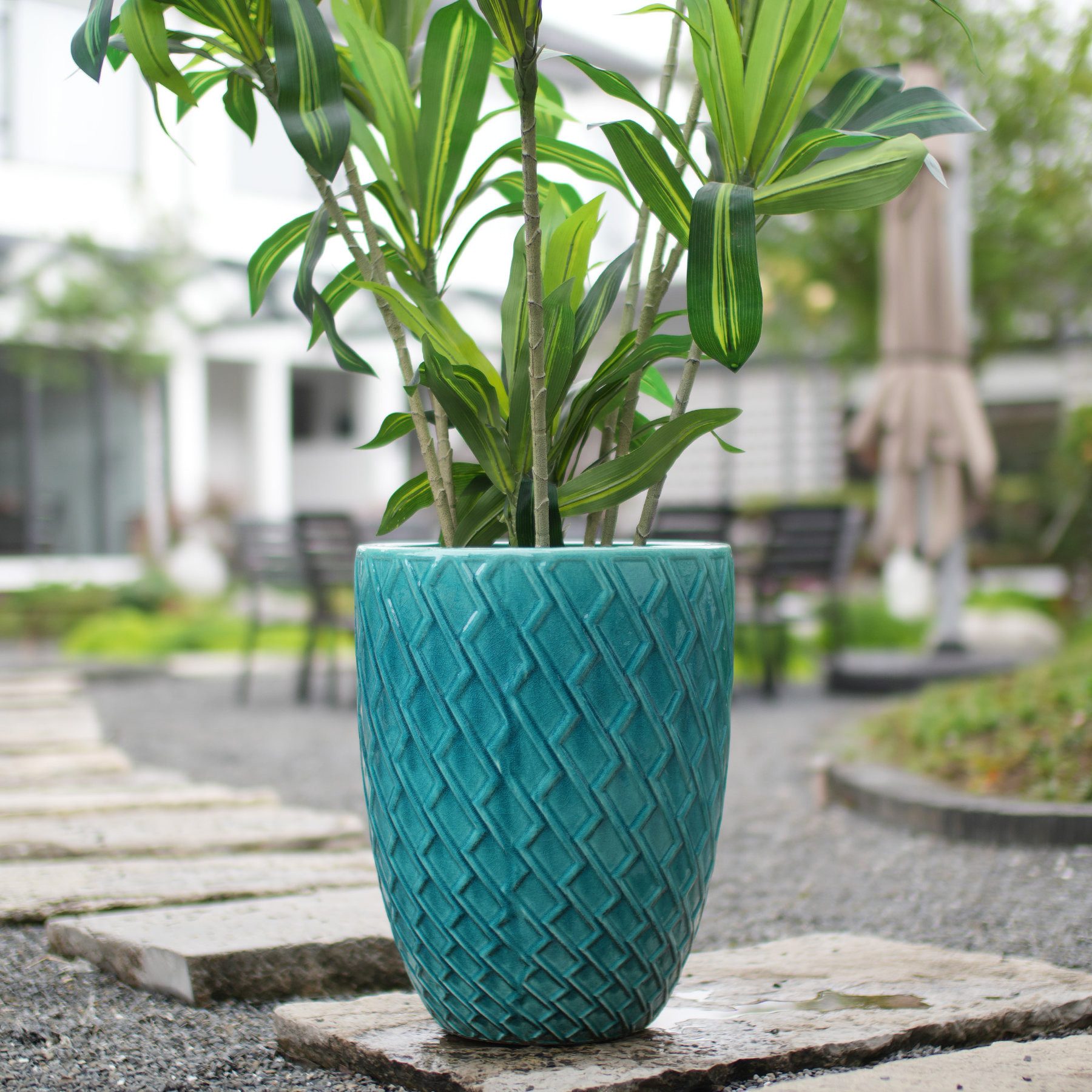 Odikalo Blumentopf Großer Handgefertigter Keramik Pflanztopf 42cm×54cm mit Ablauflöchern (Glänzend Cyanblau mit Rautenmuster atmungsaktiv frostsicher für große Zimmer-und Gartenpflanzen)