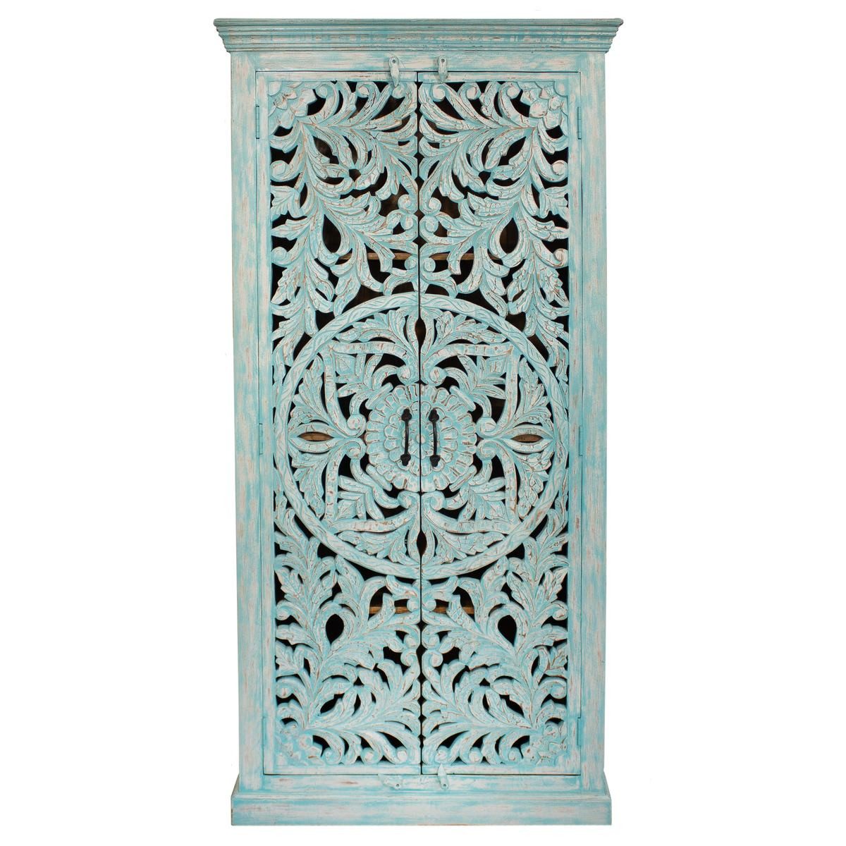 Oriental Galerie Mehrzweckschrank Schrank Ymir Blau Türkis Indischer Schrank 185 cm Wohnzimmschrank, Landhaus Schrank Holz, Schlafzimmerschrank