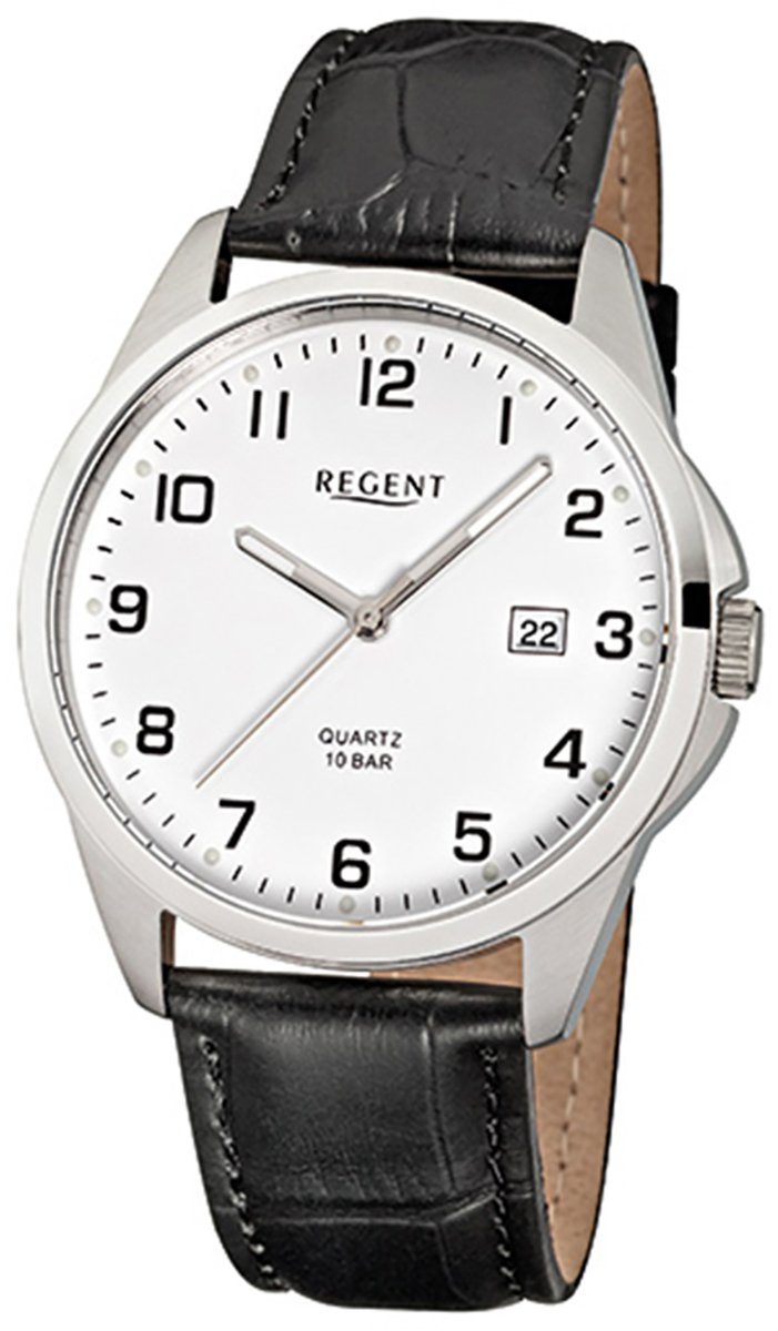 Regent rund, Herren-Armbanduhr Herren Analog, (ca. Quarzuhr mittel Lederarmband schwarz Regent Armbanduhr 39mm),