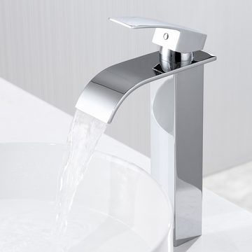 Auralum Waschtischarmatur Hoch Waschtischarmatur Wasserfall Wasserhahn Badezimmer Badarmatur mit Pop Up Ablaufventil Abfluss Ablaufgarnitur,Chrom