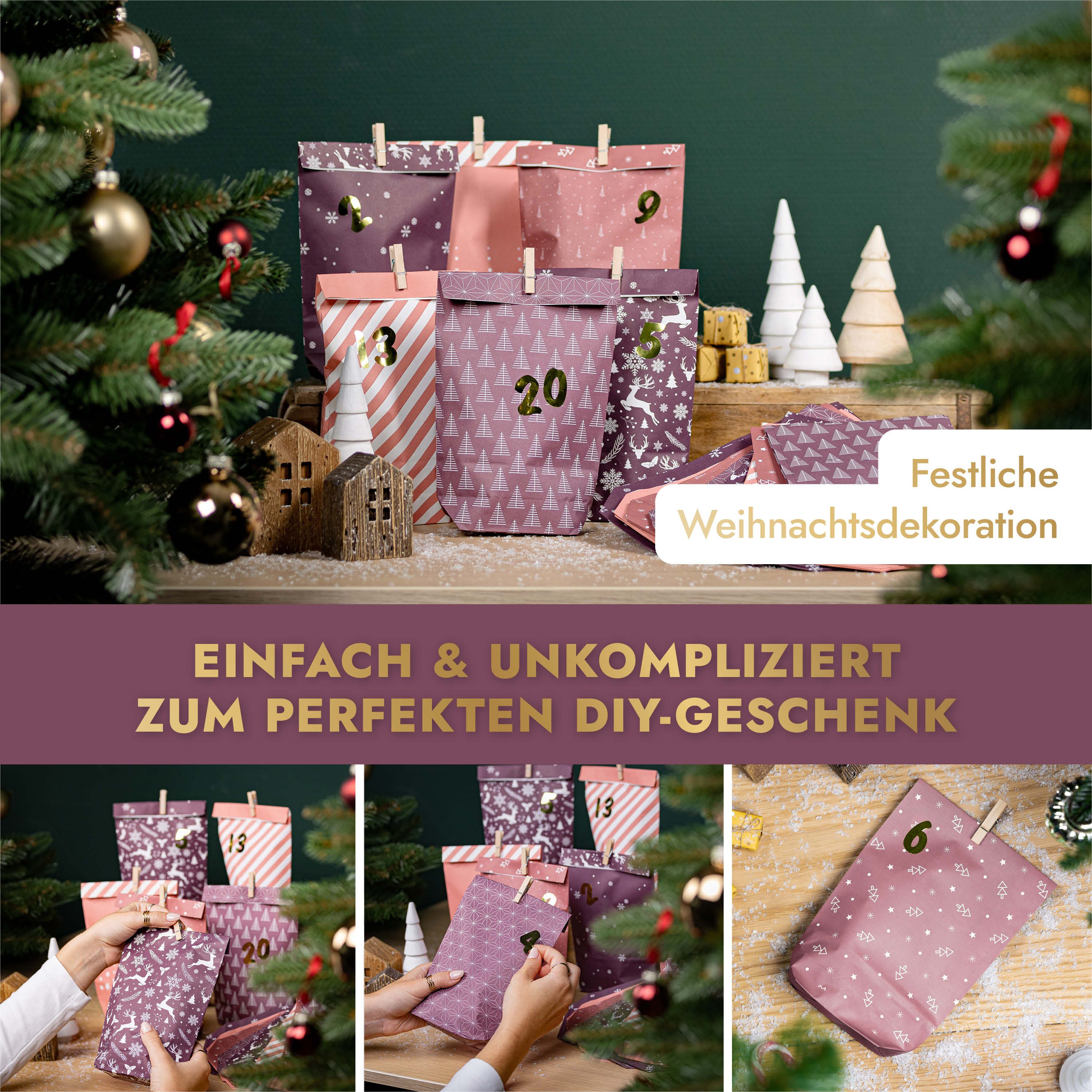 Amari befüllbarer Adventskalender Adventskalender zum Befüllen 2026, 24 Papiertüten 14×22 cm mit Zahlen (DIY Set, 72-tlg), Designs für Kinder & Erwachsene, wied – Bild 5 von 5