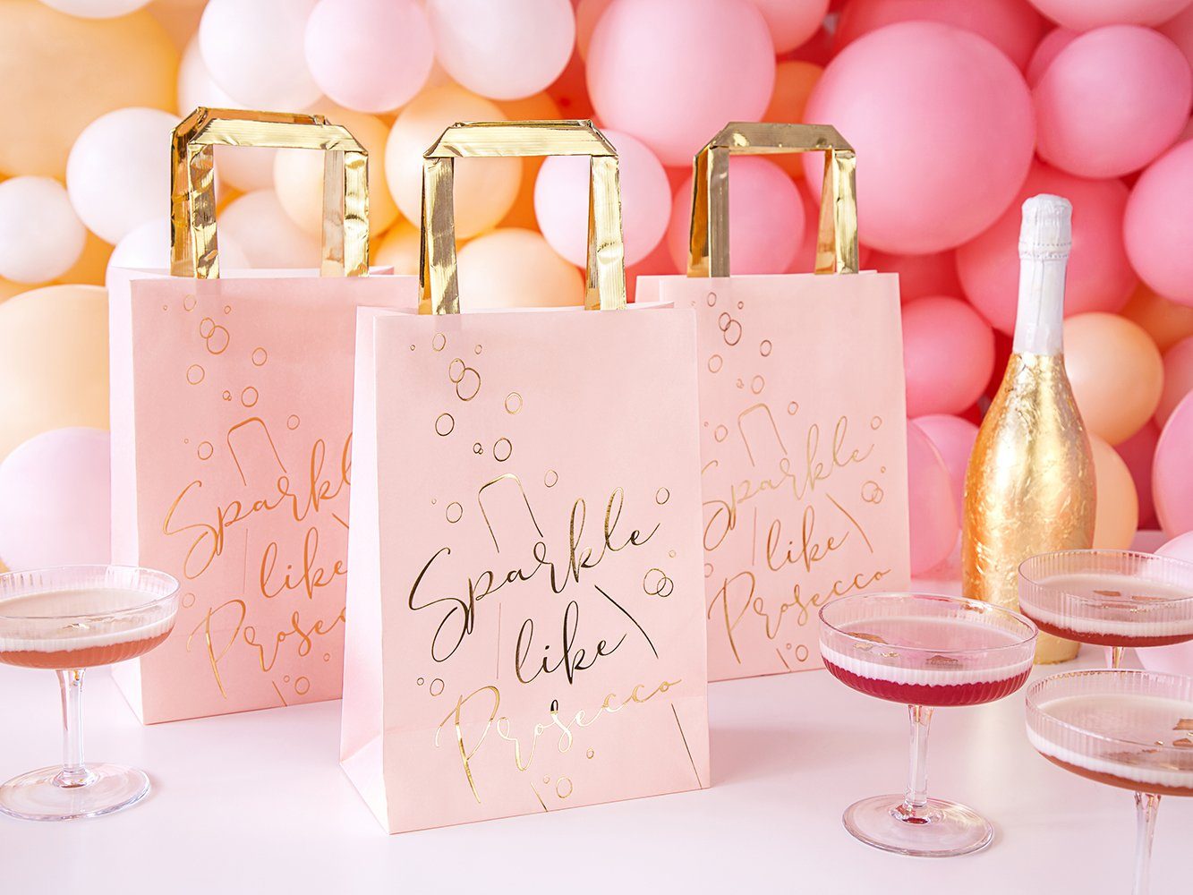 partydeco Geschenkpapier, Papiertüten mit 18x26x10cm rosa 6er Set gold Henkel
