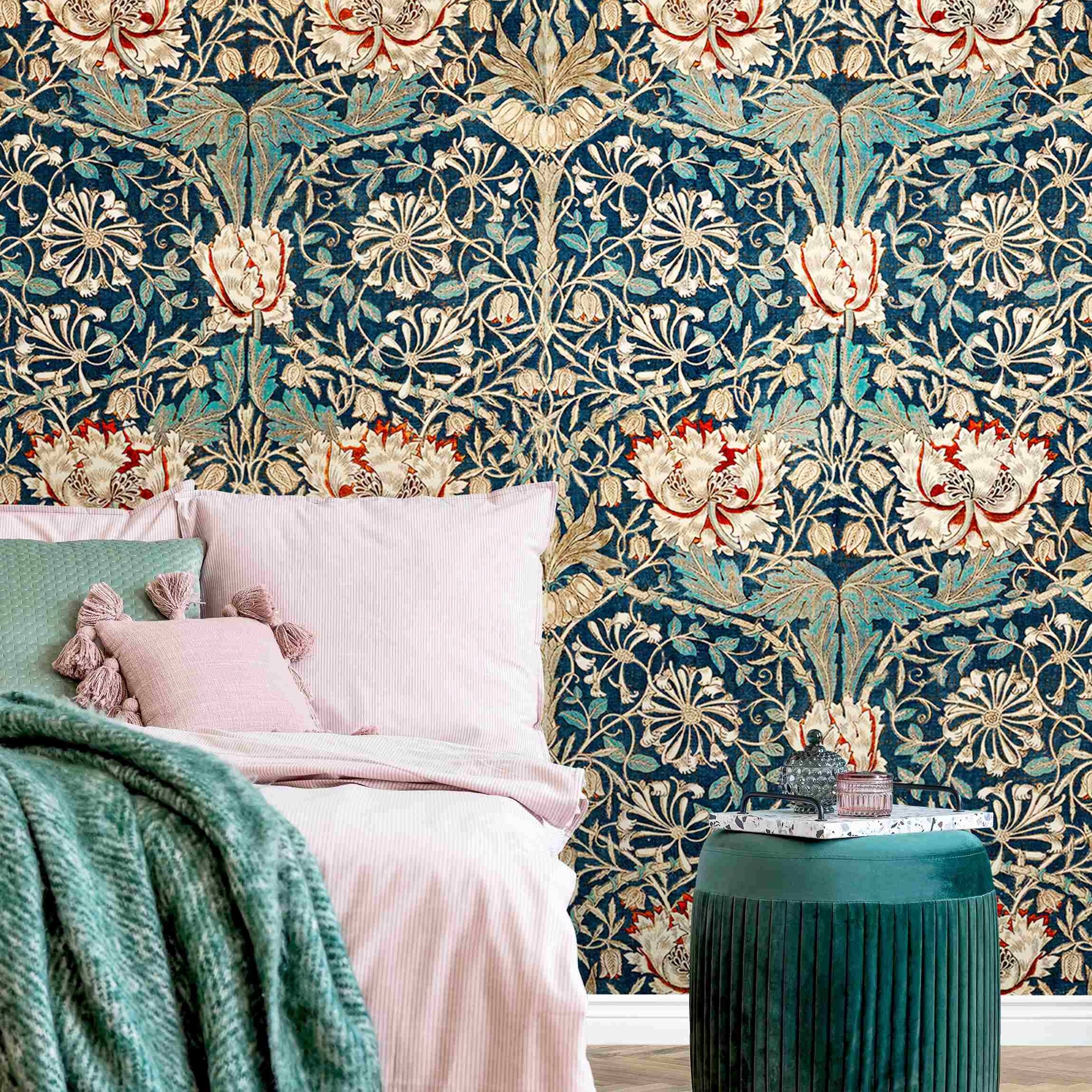 Bilderdepot24 Mustertapete William Morris Geißblatt Blumen Muster, Glatt, Matt, (Vliestapete inkl. Kleister oder selbstklebend), Wohnzimmer Schlafzimmer Küche Flur gemusterte Vliestapete Wandtapete