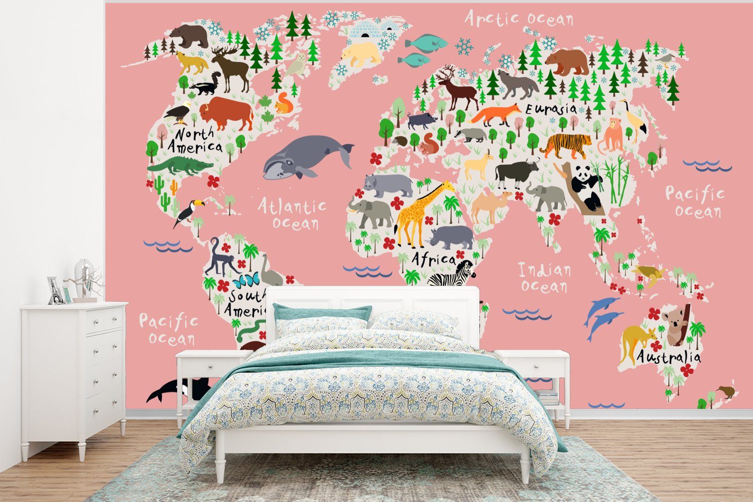 Wohnzimmer, Matt, Kinderzimmer, St), - Vinyl - Rosa - Fototapete Tapete bedruckt, für MuchoWow Kinder Schlafzimmer, Wallpaper (6 Tiere, Weltkarte