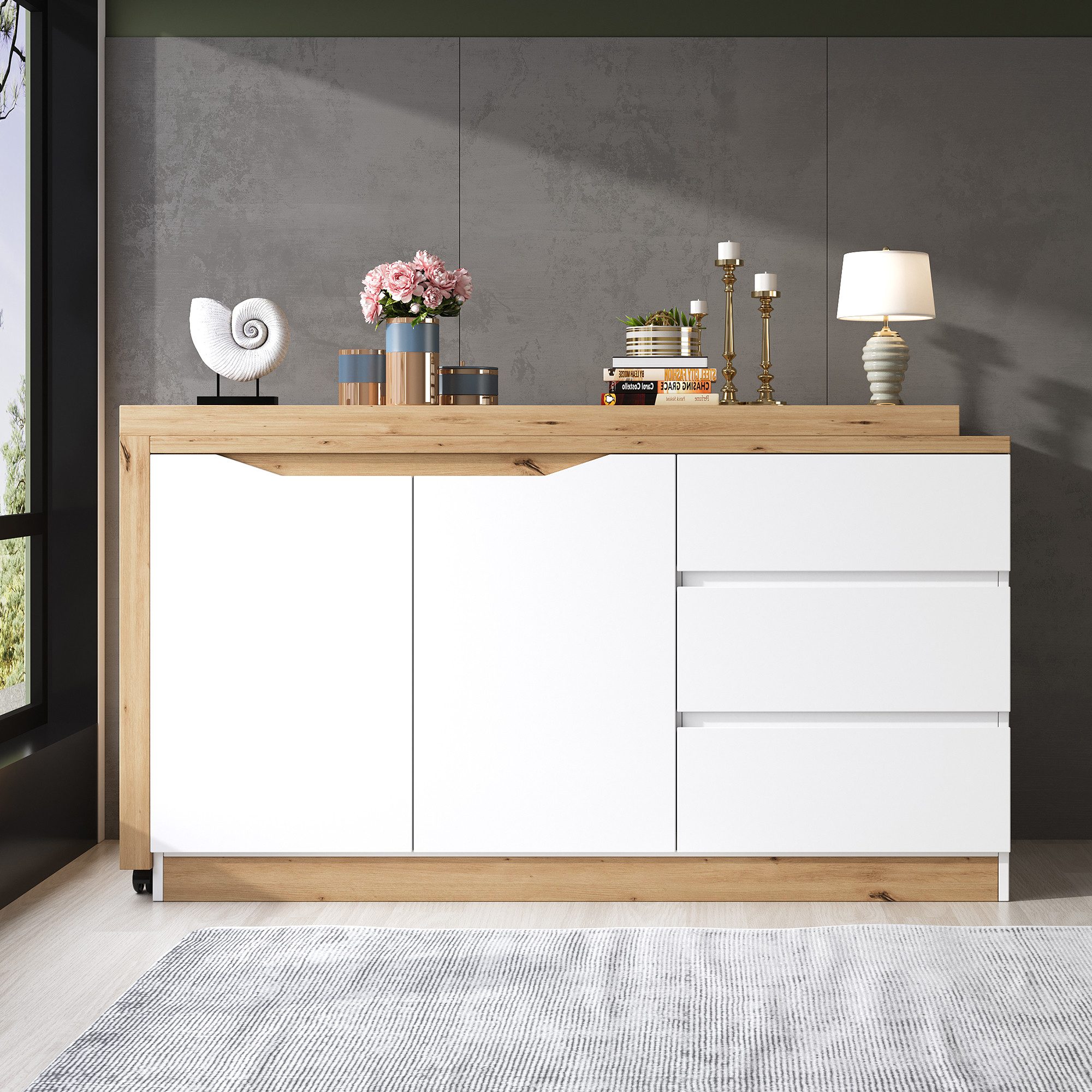 Merax Eckschreibtisch 2-in-1 Bürotisch mit 2 Türen und 3 Schubladen, auf Rollen (1-St., Drehbarer Schreibtisch mit Stauraum), Computertisch & Sideboard