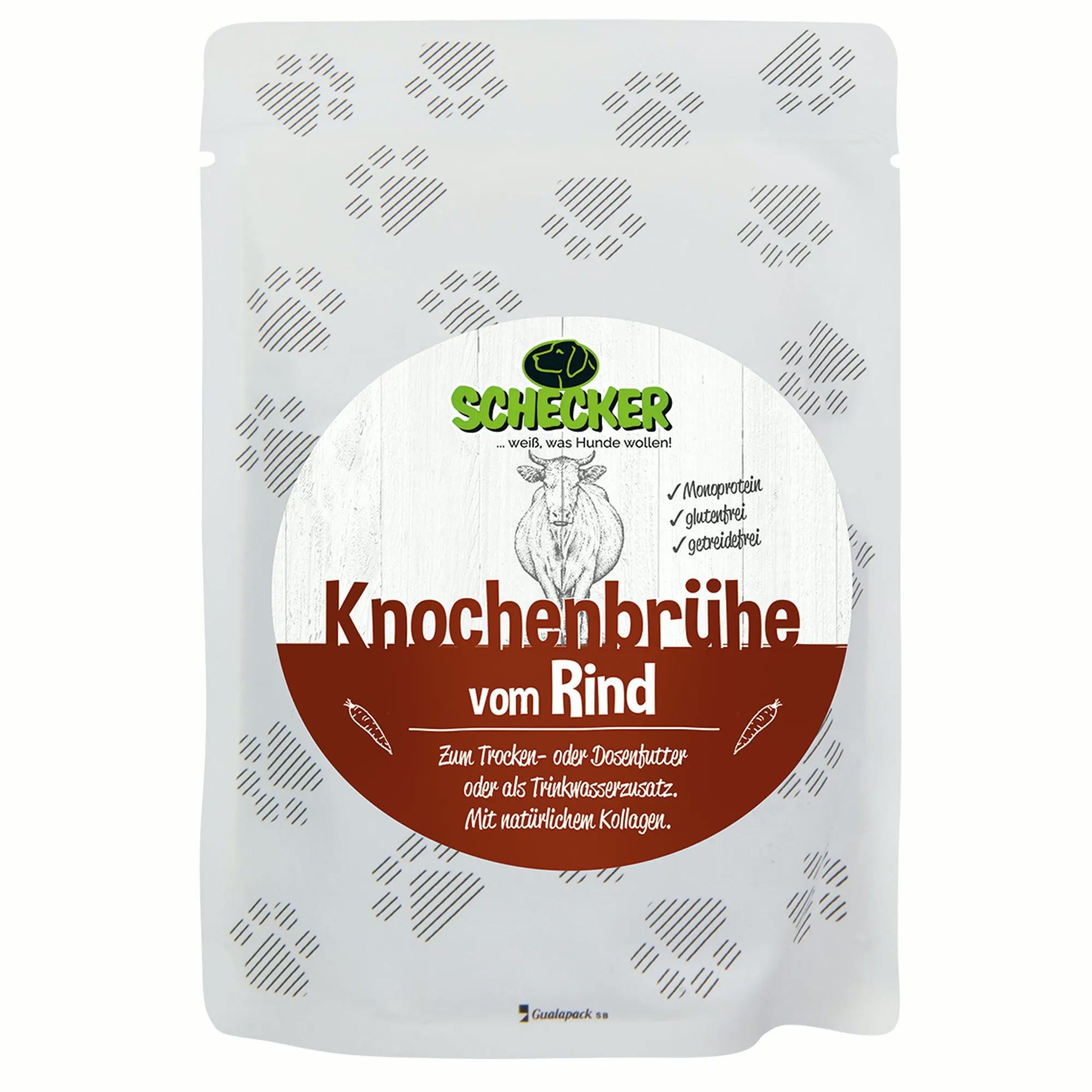 Schecker Knochenbrühe für Hunde in 4 Sorten Weide-Rind, Ergänzungsfutter für: Hunde, fettarm