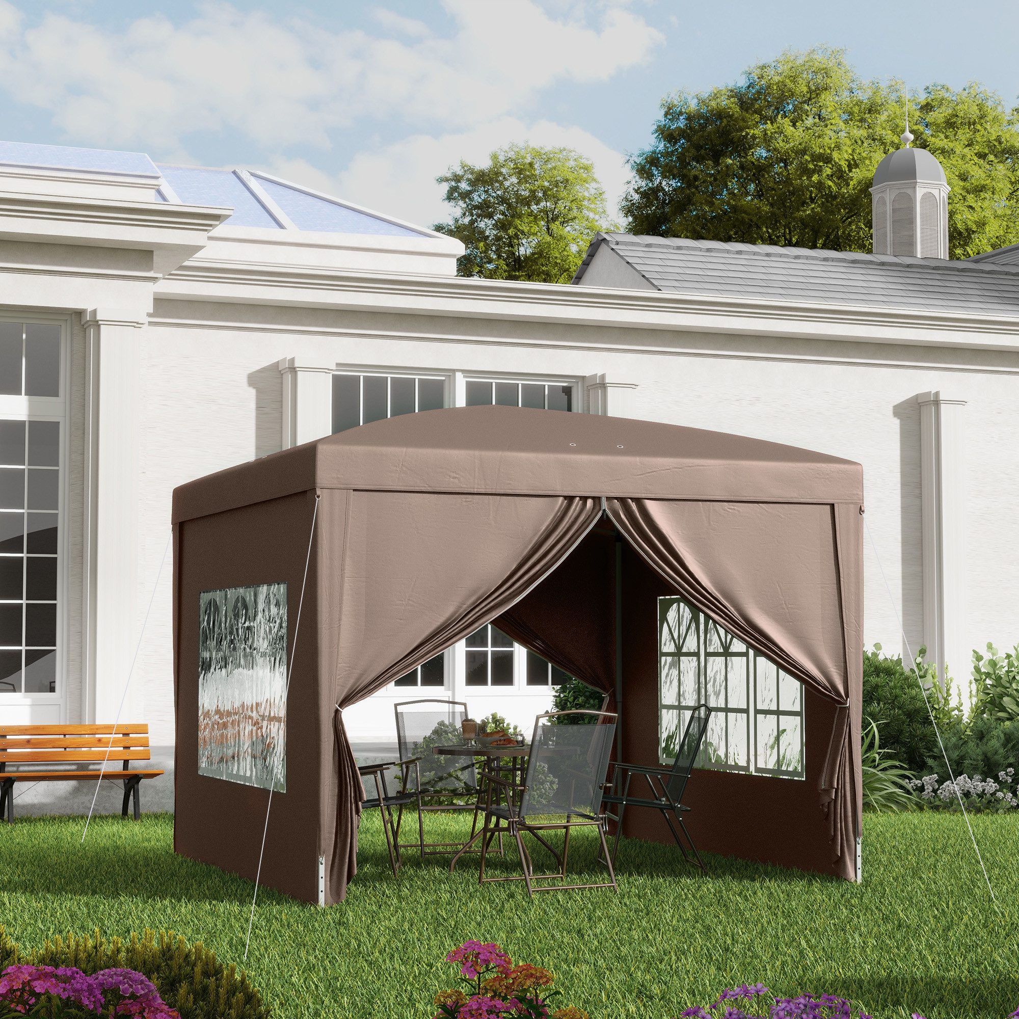 Outsunny Faltpavillon Pavillon 3x3m wasserabweisend UV Schutz 50+ Faltbar Partyzelt, mit 4 Seitenteilen, (Pop-up Pavillon, Partyzelt), mit 4 Seitenteilen, Tasche, für Camping, Garten, Kaffee