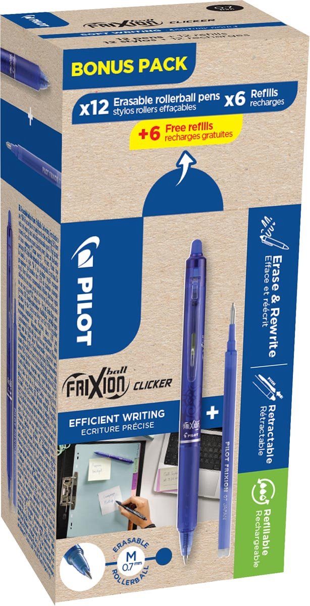 PILOT Tintenroller Frixion Ball Clicker 12 Stifte 6+6 Nachfüllungen 7 mm blau
