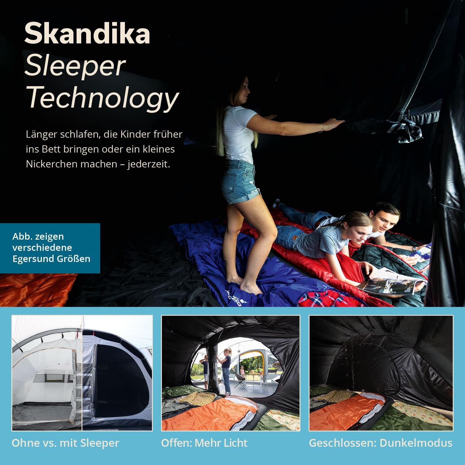 Skandika Tunnelzelt Egersund 3 Sleeper Protect, 2 m Stehhöhe, 2 Eingänge, Personen: 3 (dunkle Schlafkabine, wasserdicht, 5000 mm Wassersäule, Transporttasche), mit Sleeper Technologie, eingenähter Zeltboden, Moskitonetz, UPF 50+