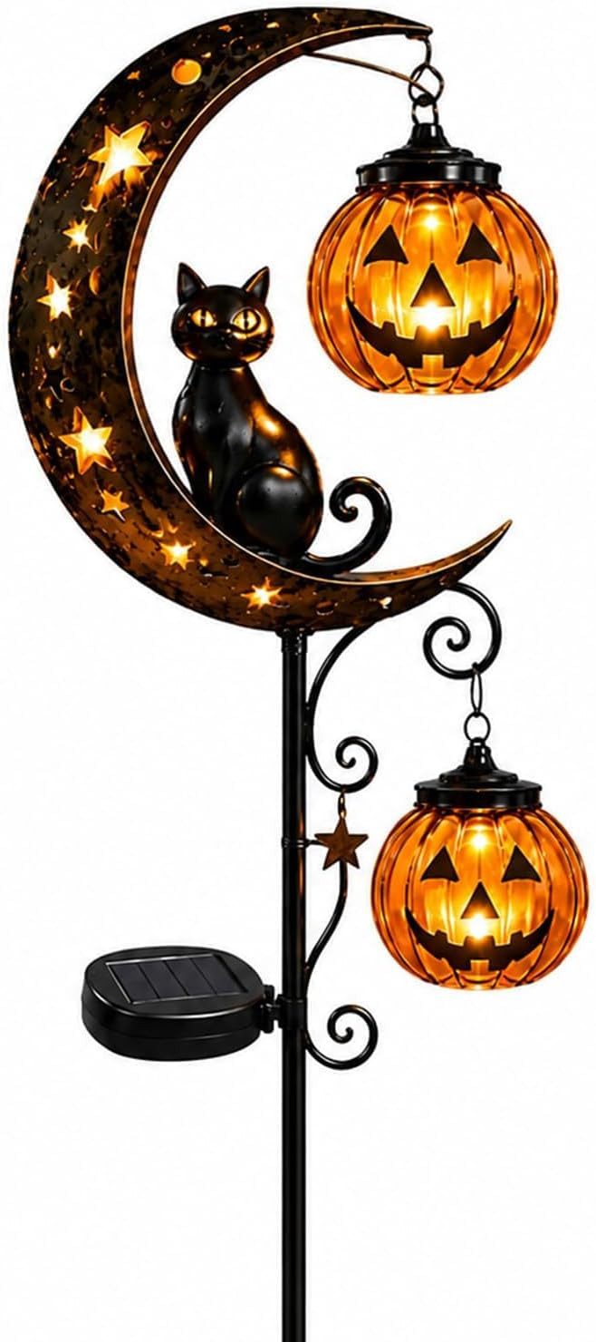 nsihing Gartenleuchte Solar Halloween-Schwarze Katze & Kürbis-Mond Gartensteckleuchte