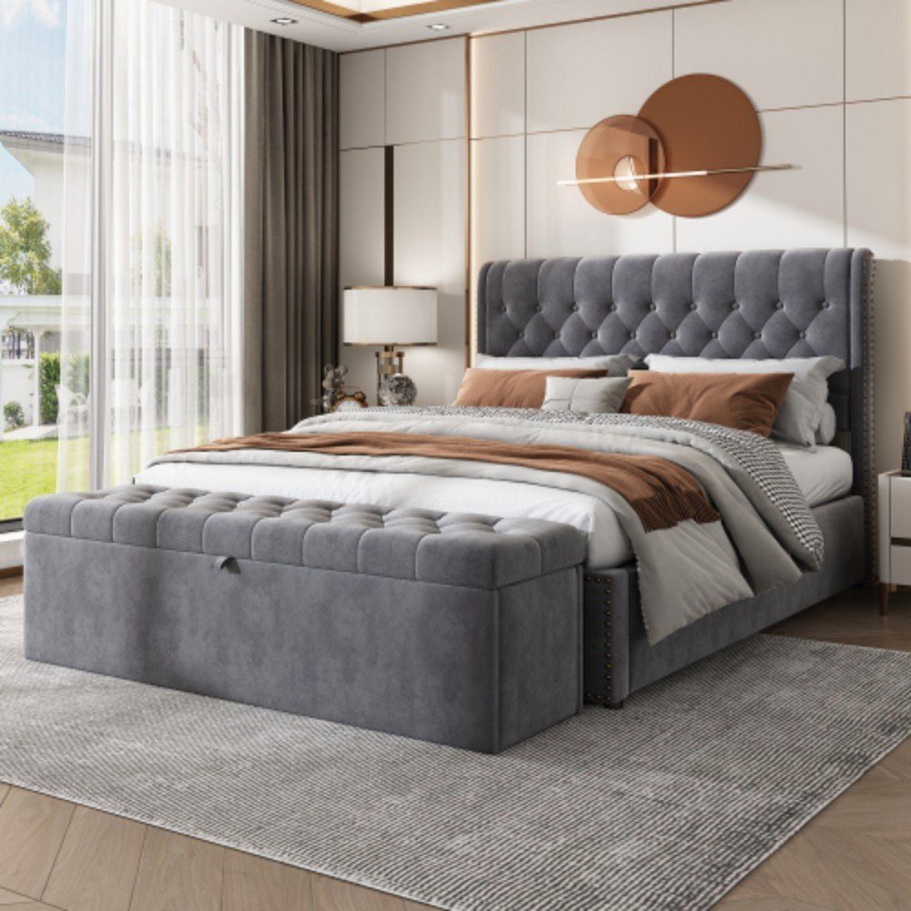 Odikalo Stauraumbett Polsterbett mit Stauraum 140/180x200 cm (Linen Doppelbett mit hydraulischem Lattenrost & gepolstertem Kopfteil in Chesterfield-Optik, Grau/WeiB, ohne Matratze)