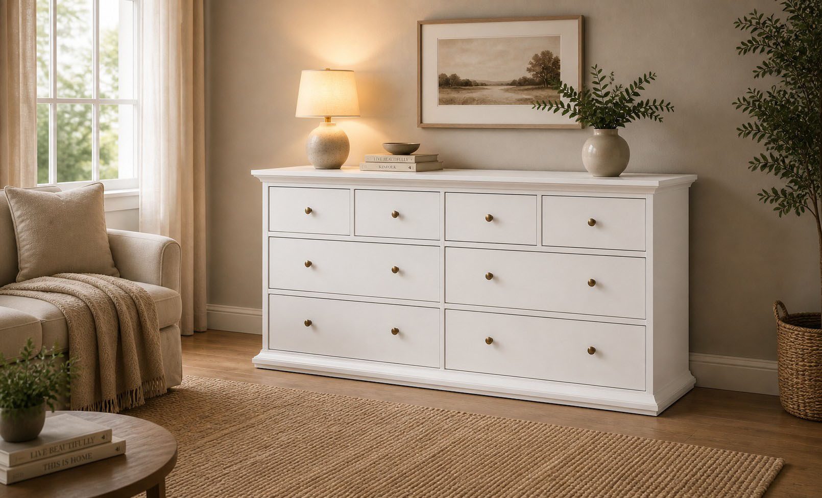 Home affaire Kommode Paris, Aufbewahrung, Schubladenschrank, Stauraum, mit 8 Schubladen, Landhausstil, Elegant, geräumig, Breite 184 cm, Höhe 87 cm