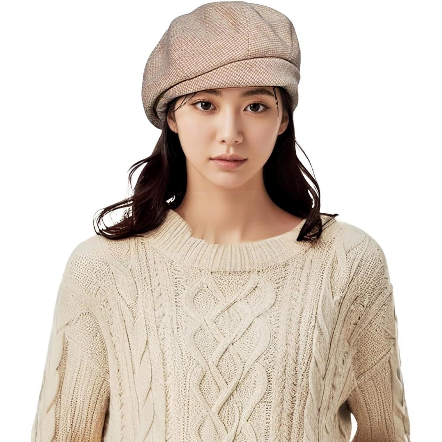 LuxusKollektion Baskenmütze Baskenmütze Damen Wollmischung Barett Beanie Maler Plaid 56-58 Khaki