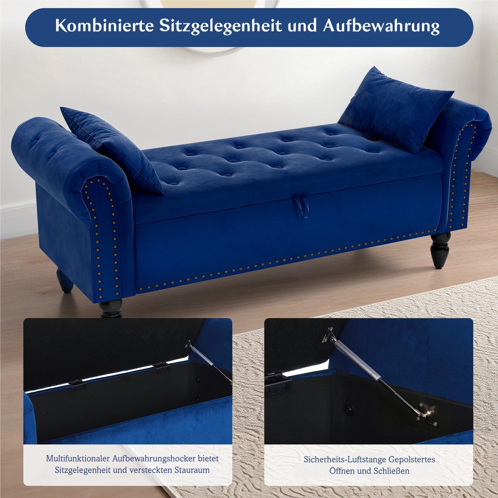 TLGREEN Bettbank Sitzbank mit Stauraum,133 x 53 x 46 cm Polsterbank, (Umdrehen Mit Booster-Gasstange, Bettende mit Deckel, Fußstütze mit stabilen Holzbeinen, Bis 168kg), Sofabank fur Flur, Esszimmer, Schlafzimmer, Wohnzimmer