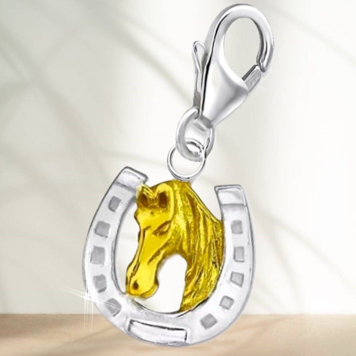 Goldene Hufeisen Charm-Einhänger Pferdeliebhaber Hufeisen Pferd Karabiner Anhänger, 10883, 925 Sterling Silber teilvergoldet Silberschmuck für Armband