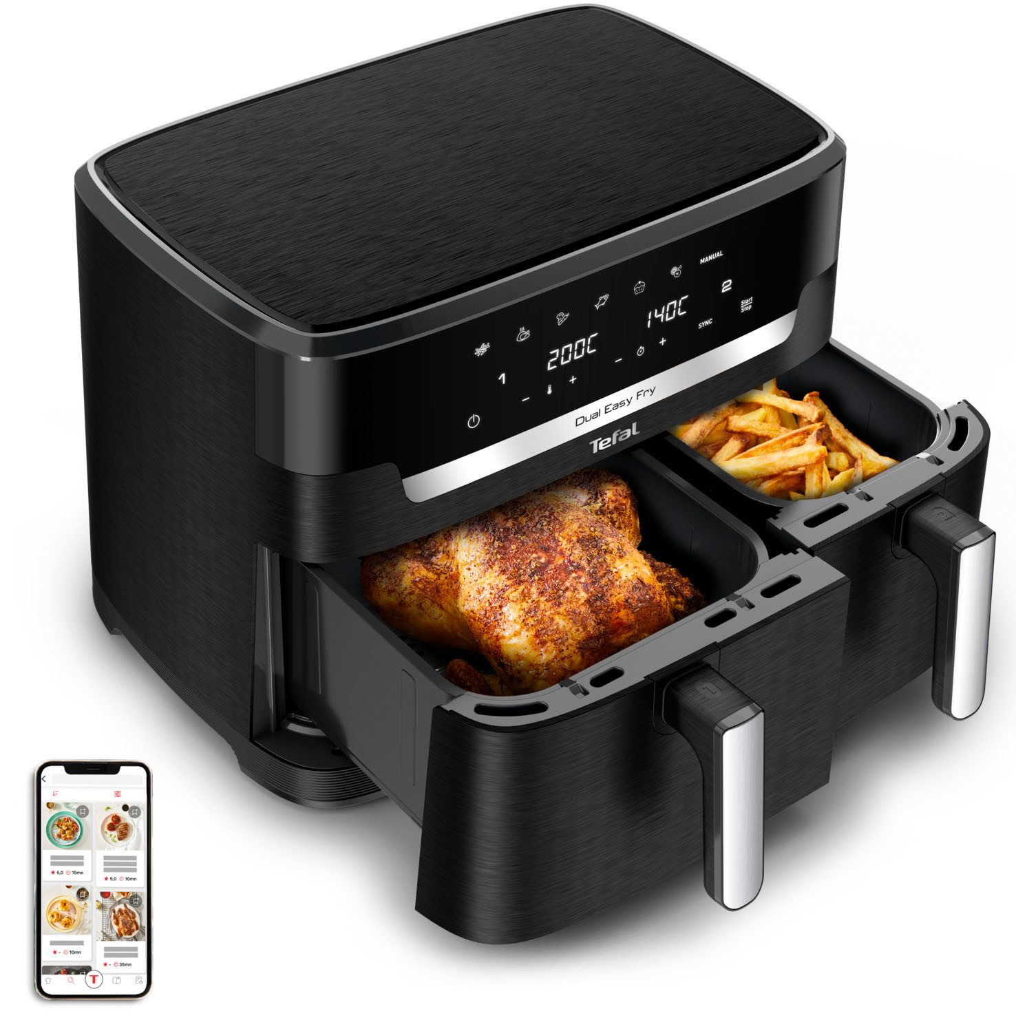 Tefal Heißluftfritteuse Dual Easy Fry XXL, 2 Schubladen mit gesamt 11L Kapazität, 7 Programme, MyTefal App, 2700 W, Heissluftfritteuse Doppelkammer, energie- & zeitsparend, EY9428