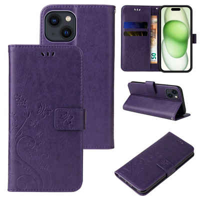 Tec-Expert Handyhülle Cover Tasche Hülle für Apple iPhone 15, Klapphülle Case mit Kartenfach Fliphülle aufstellbar, Motiv Blumen