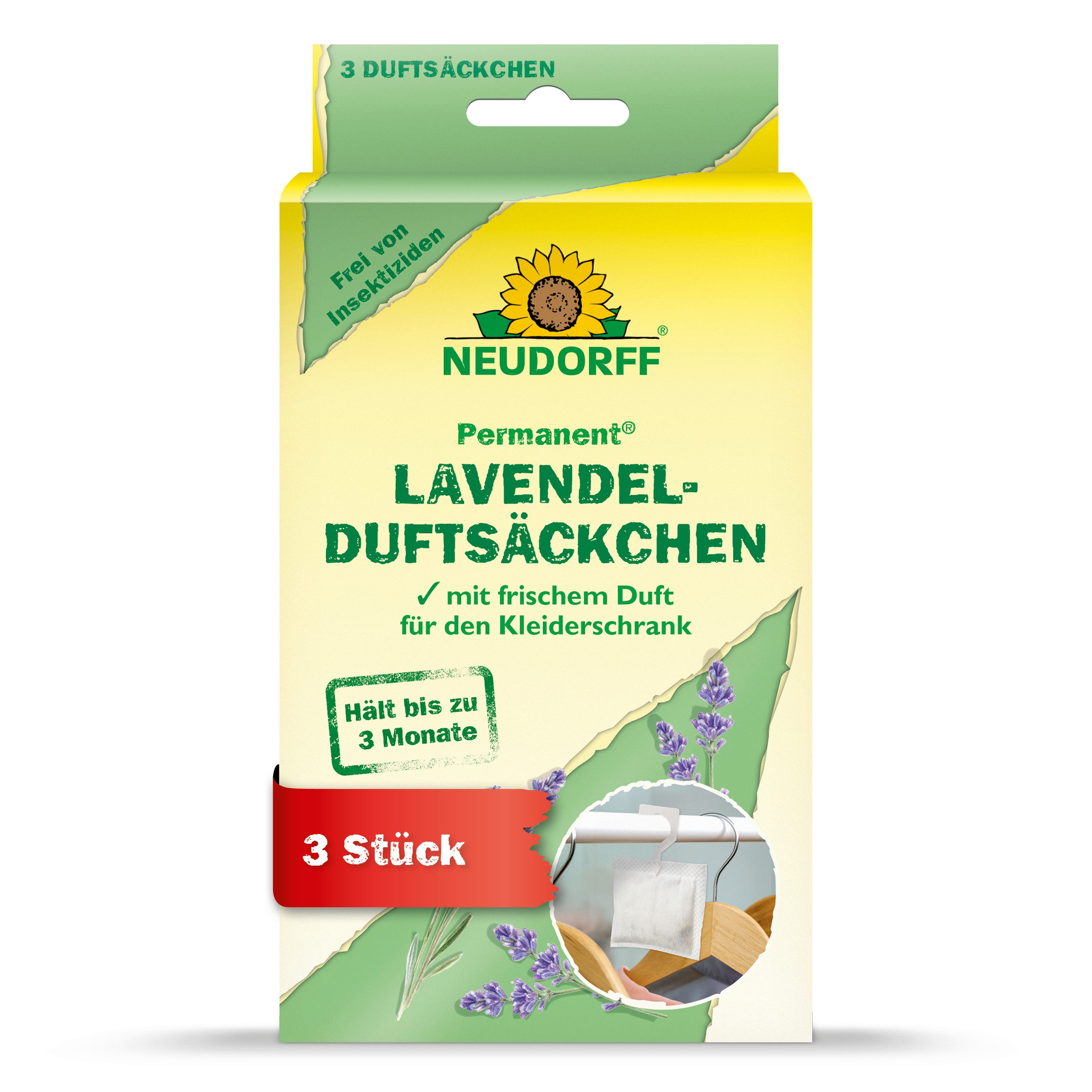 Neudorff Vergrämungsmittel Permanent Lavendelduftsäckchen - 3 Stück, Duftsäckchen zur Vertreibung von Kleidermotten, Für etwa 1 m³ Schrankinhalt je Säckchen, Lavendelduft gegen Kleidermotten für etwa 1 m³ Schrankinhalt
