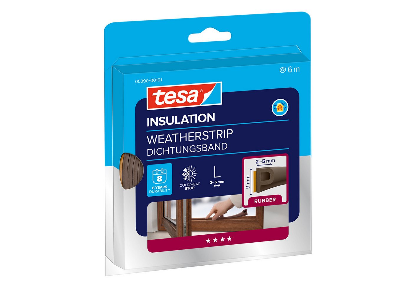 tesa Dichtband (Packung, 1-St., Gummidichtung L braun - 6 m x 9 mm x 5,5 mm) zum Isolieren von Spalten an Fenstern und Türen