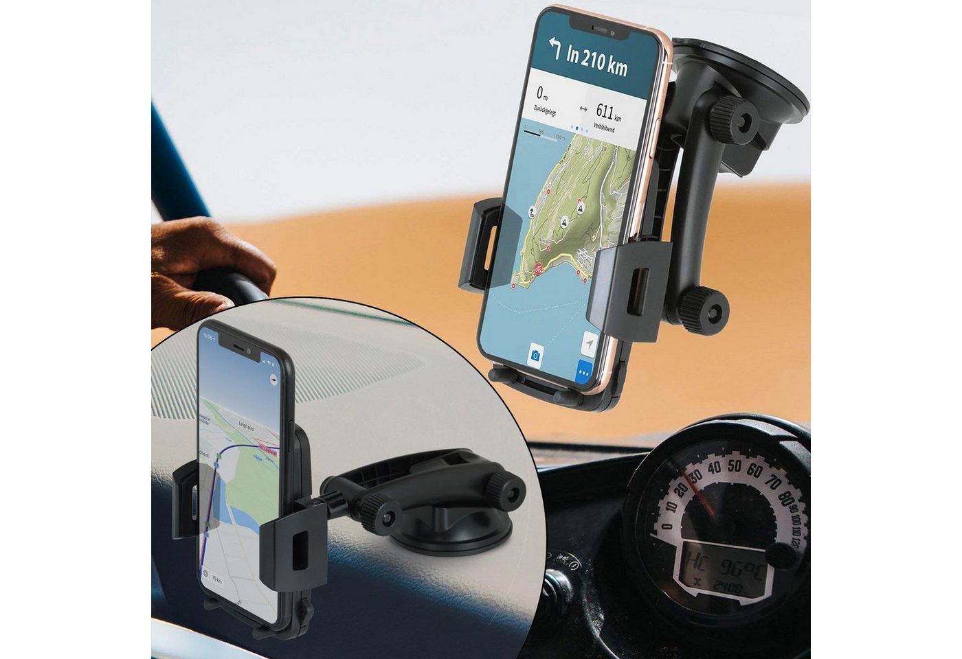 Wicked Chili Smartphone-Halterung Autohalterung für iPhone 16 15 14 13 Pro Mini Max, (1er Set, 1-tlg., 2in1 Halterung für Windschutzscheibe und Armaturenbrett / mit Kabelhal)