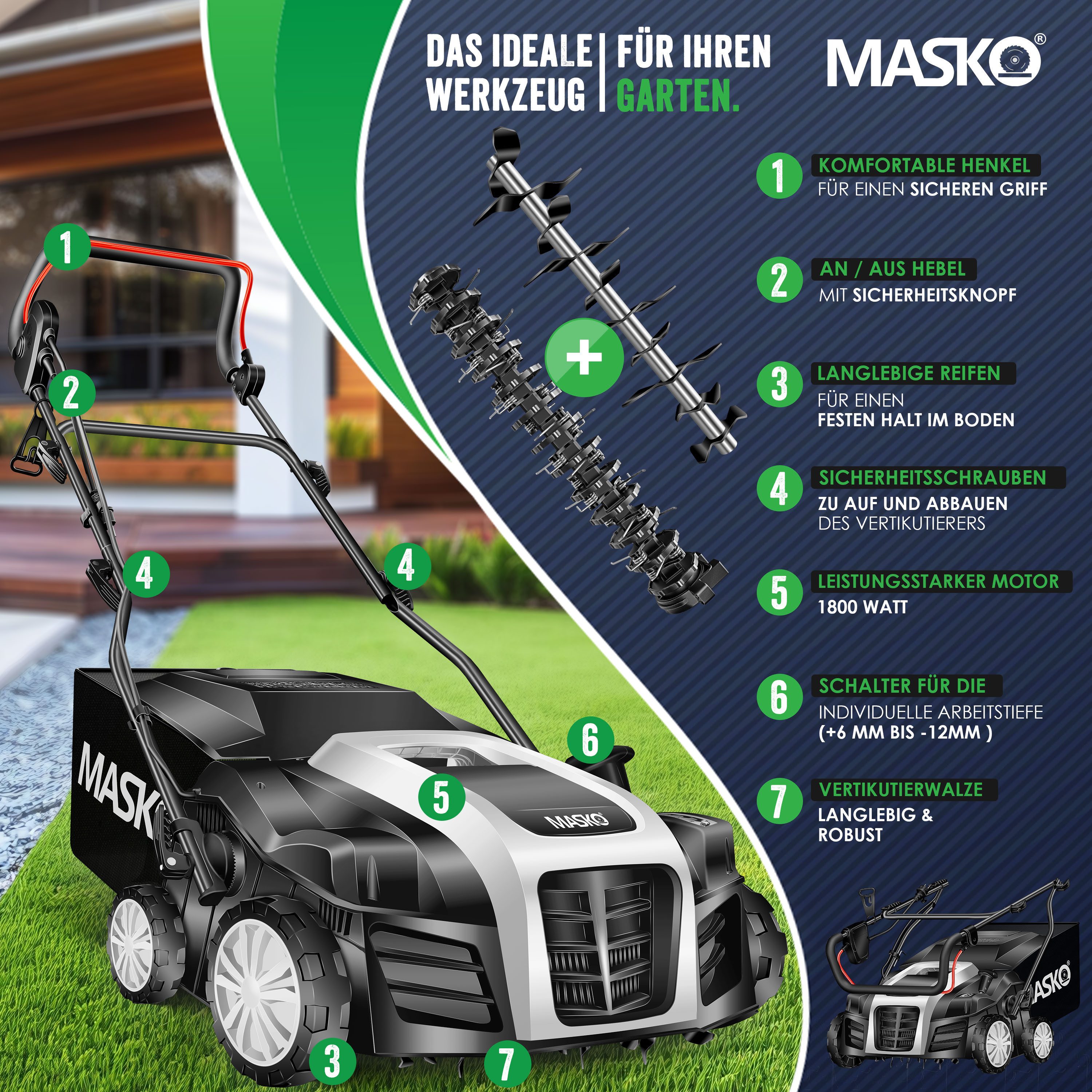 MASKO Elektro-Vertikutierer 2in1 Rasenlüfter 1800W, 5-stufige Arbeitstiefe, 40 cm Arbeitsbreite, Moosentferner mit 55L Fangkorb, 20 Stahlmesser höhenverstellbarer Holm