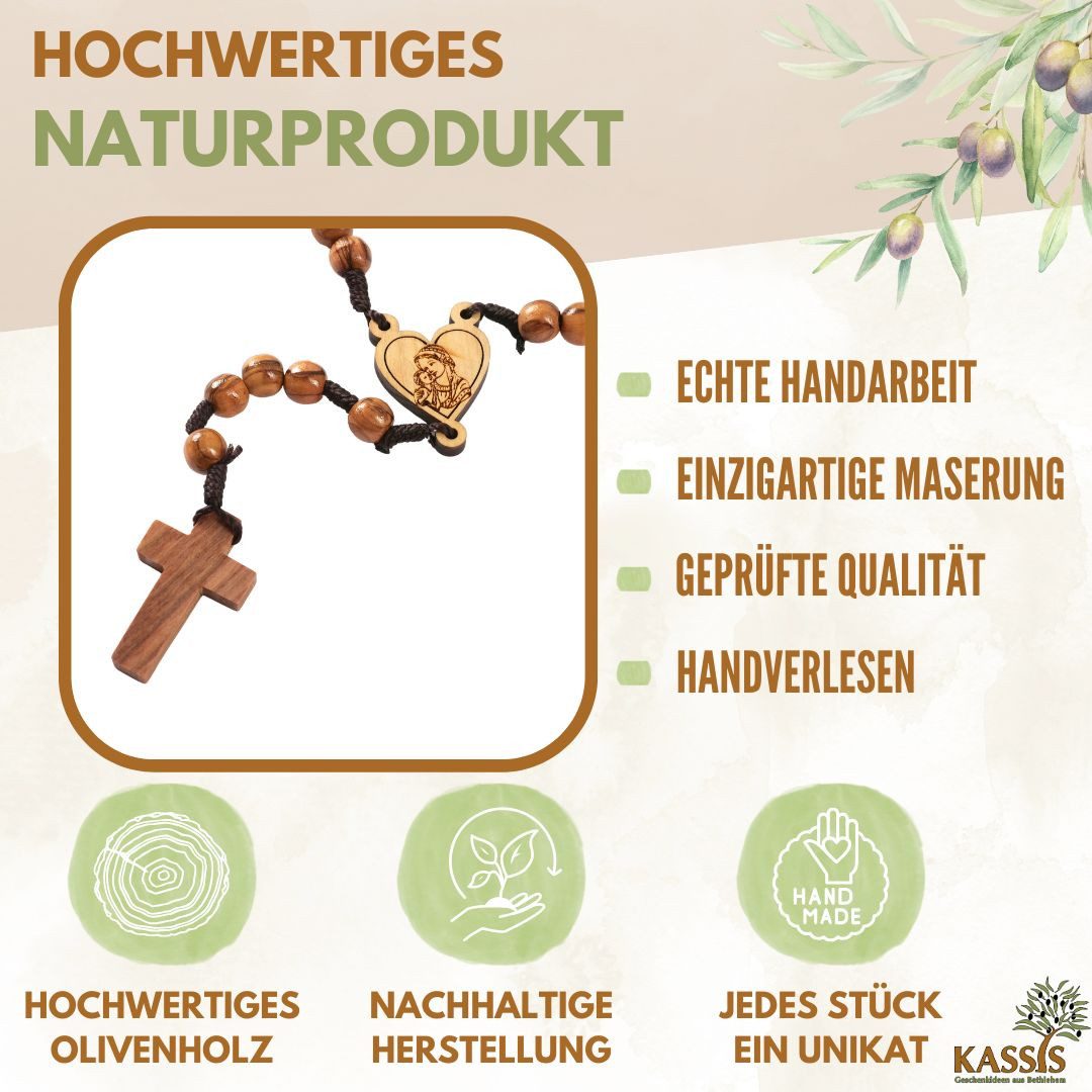 Kassis Geschenkartikel Kette ohne Anhänger Rosenkranz mit Olivenholzperlen Herz und Maria aus Olivenholz, hergestellt in Bethlehem, Gebetskette zu religiösen Anlässen