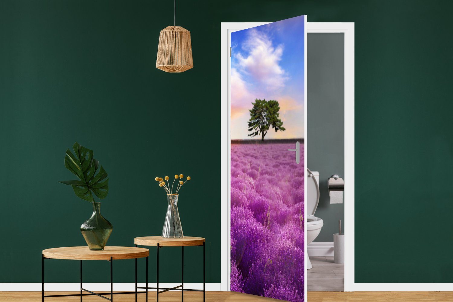 (1 Baum Türtapete St), Lila, - Lavendel Fototapete - Türaufkleber, für bedruckt, MuchoWow Tür, cm Matt, Sonnenuntergang 75x205 -
