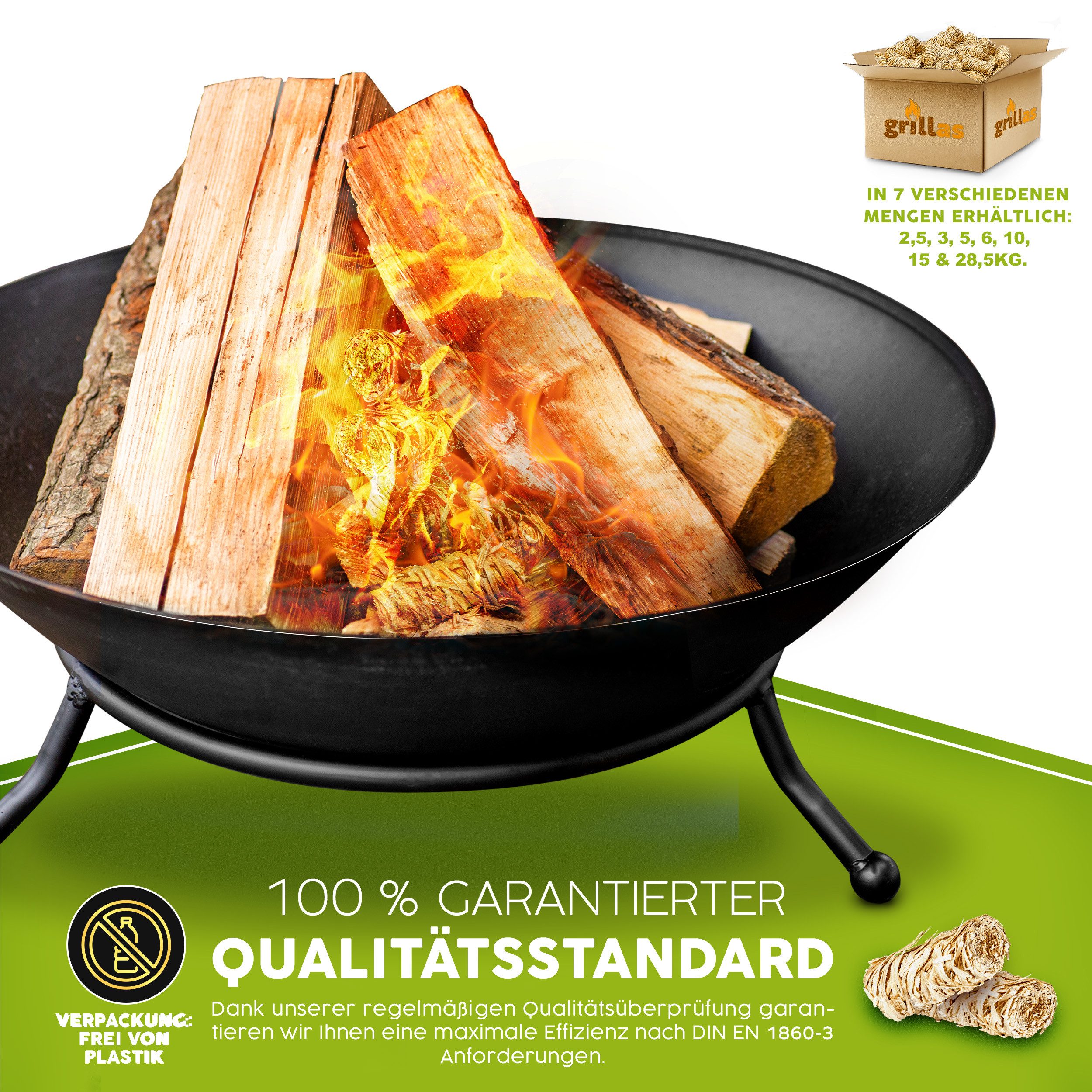 grillas Anzündkamin grillas® BIO Anzünder Kaminanzünder Holzwolle Grillanzünder Holz Feuer (480-tlg), Rückstände