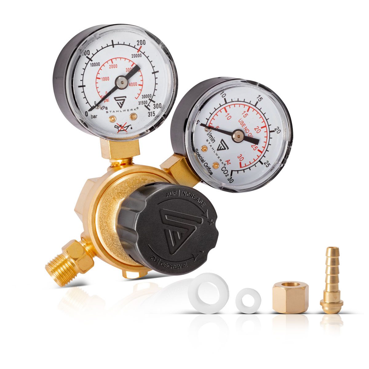 STAHLWERK Druckminderer Mini Druckminderer Druckregler 200 bar für Argon CO2 Mix 18 Mischgas, 200 mbar, (Packung, 4-St., inklusive Dichtungen), für WIG und MIG MAG Schweißgeräte